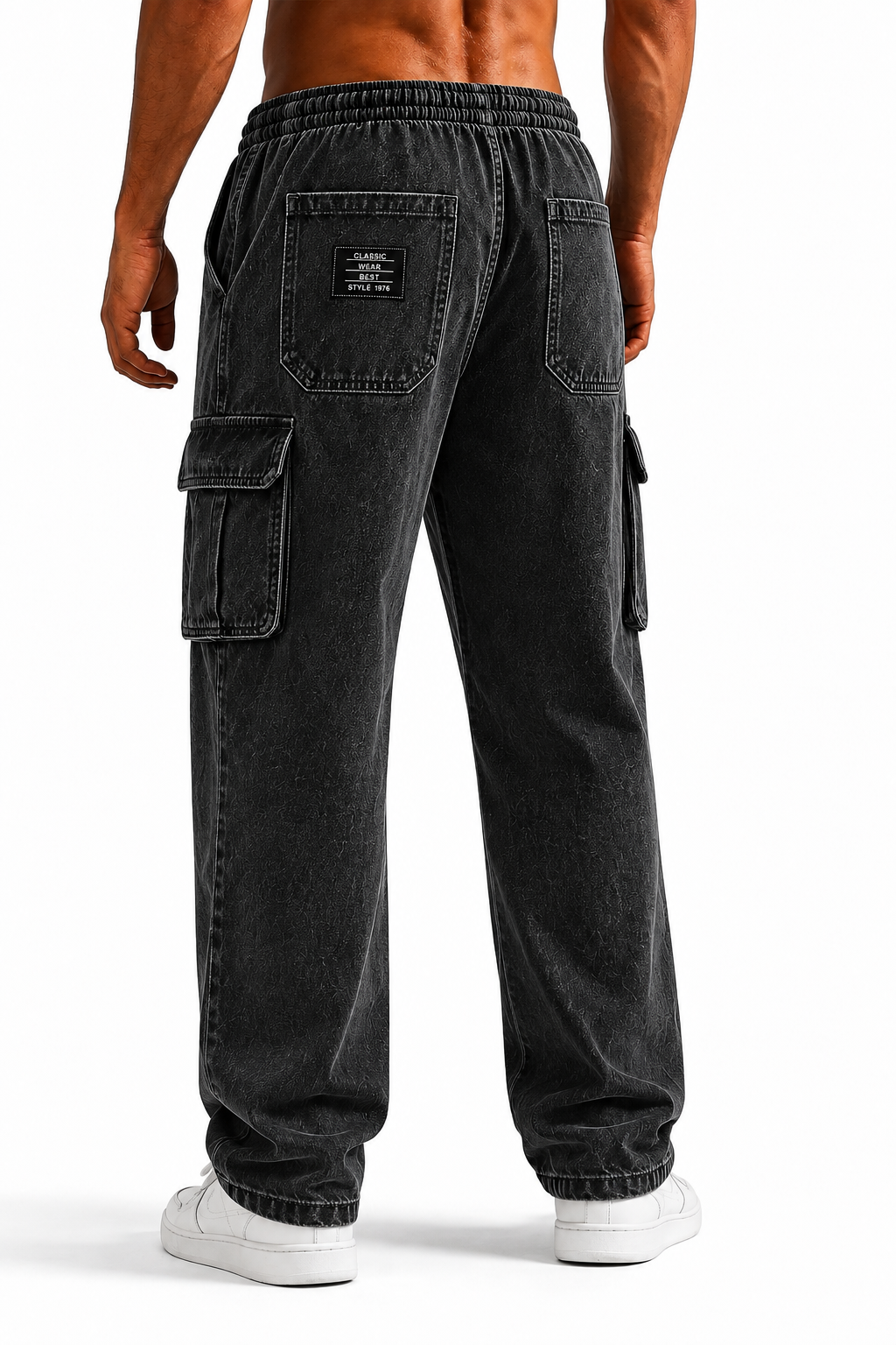 Men’s Vintage Washed Denim Multi-Pocket Drawstring Cargo Pants