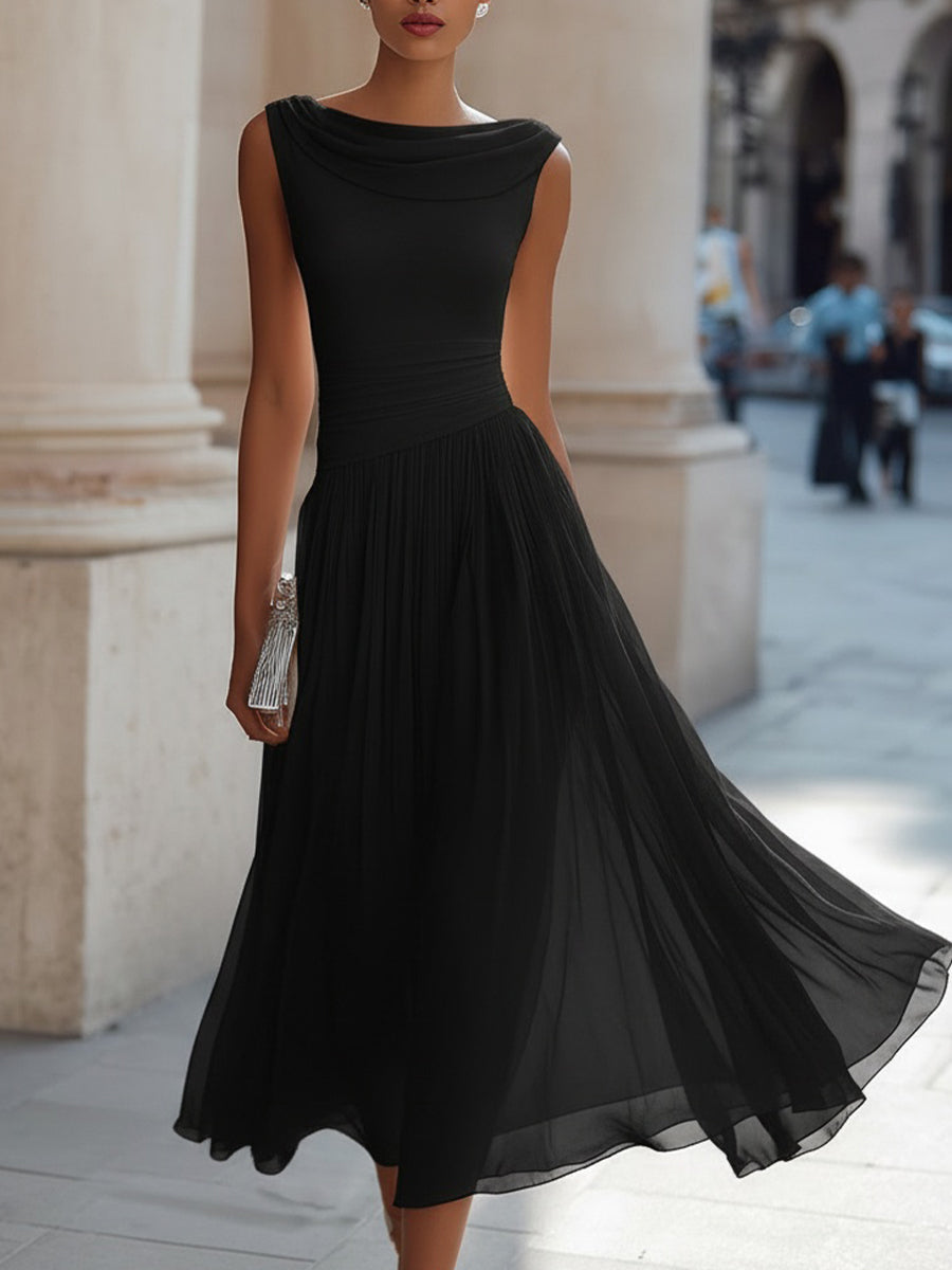 Draped Neck Sleeveless Pleated Midi Dress