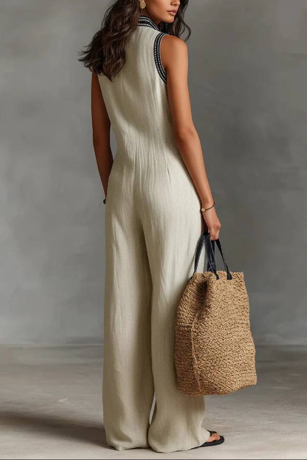 Minimalist stand-up collar zipper sleeveless jumpsuit