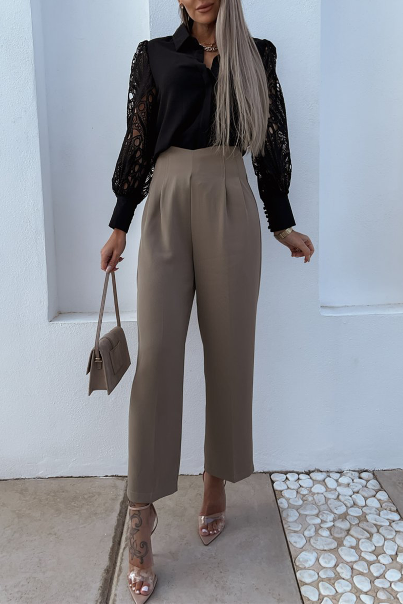 Casual Solid Lace Turndown Collar Tops