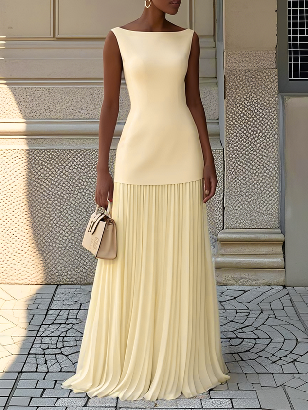 Off White Pleated Classic Boat Neck Sleeveless A-Line Floor-length Gown Dress