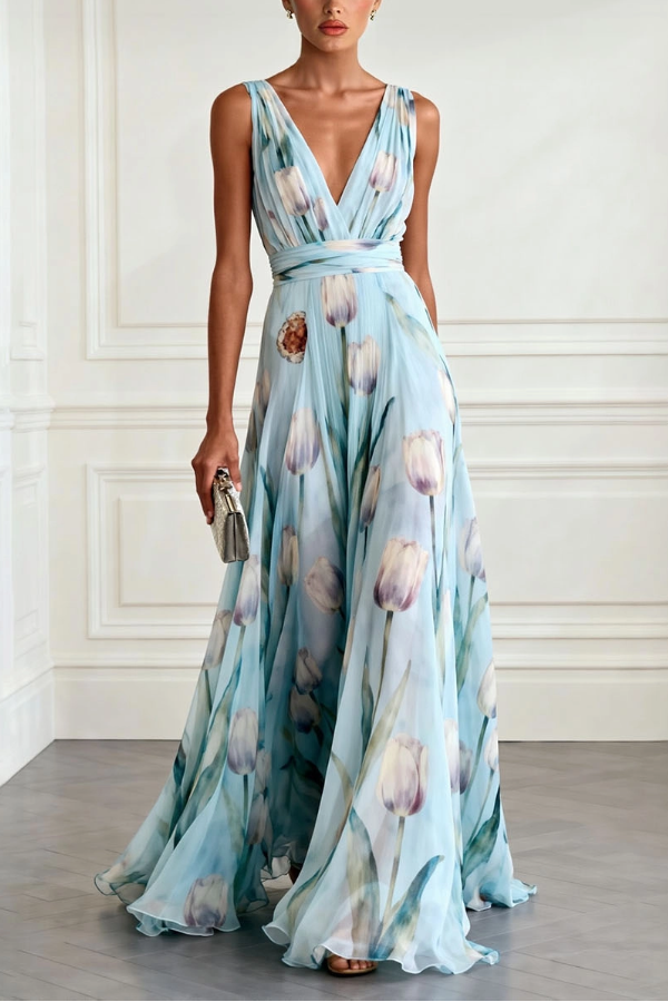 Elegant Tulip Print V-neck Maxi Dress