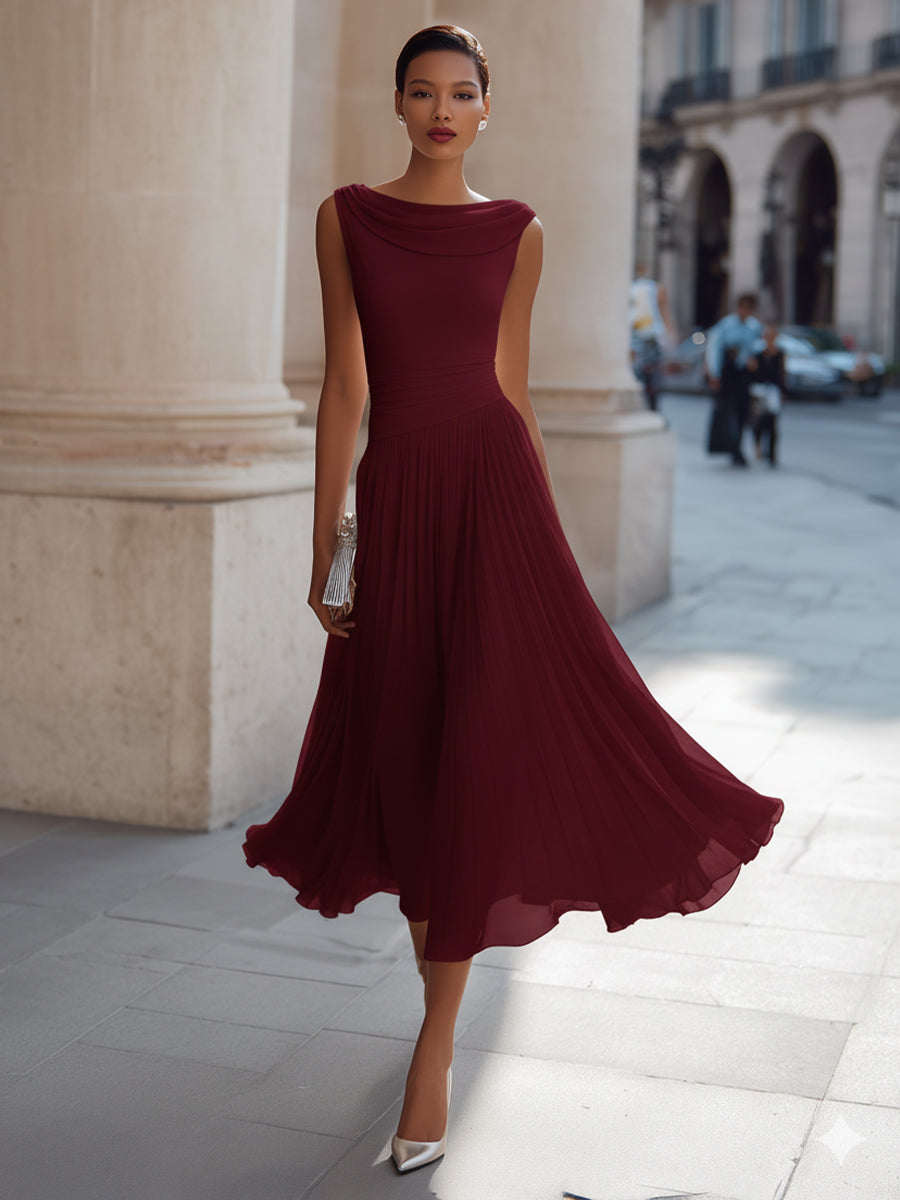 Draped Neck Sleeveless Pleated Midi Dress