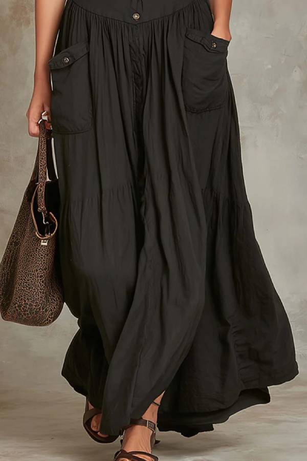 Black Sleeveless Maxi Dress With Pocket Buttons