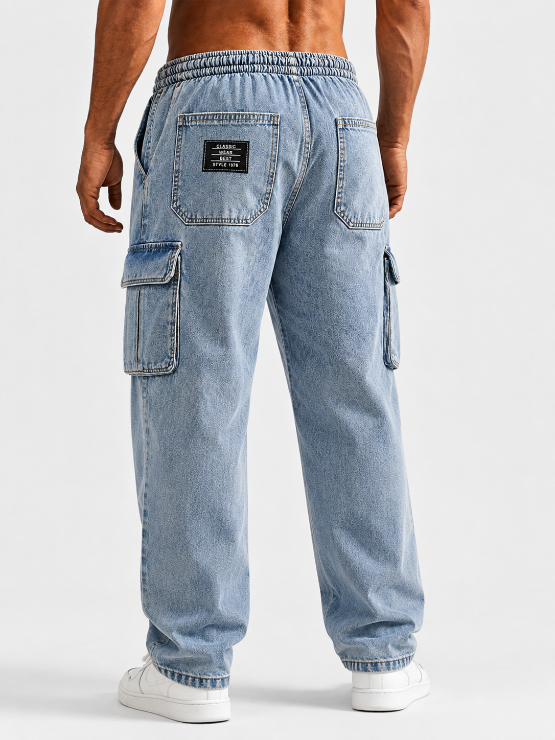 Men’s Vintage Washed Denim Multi-Pocket Drawstring Cargo Pants