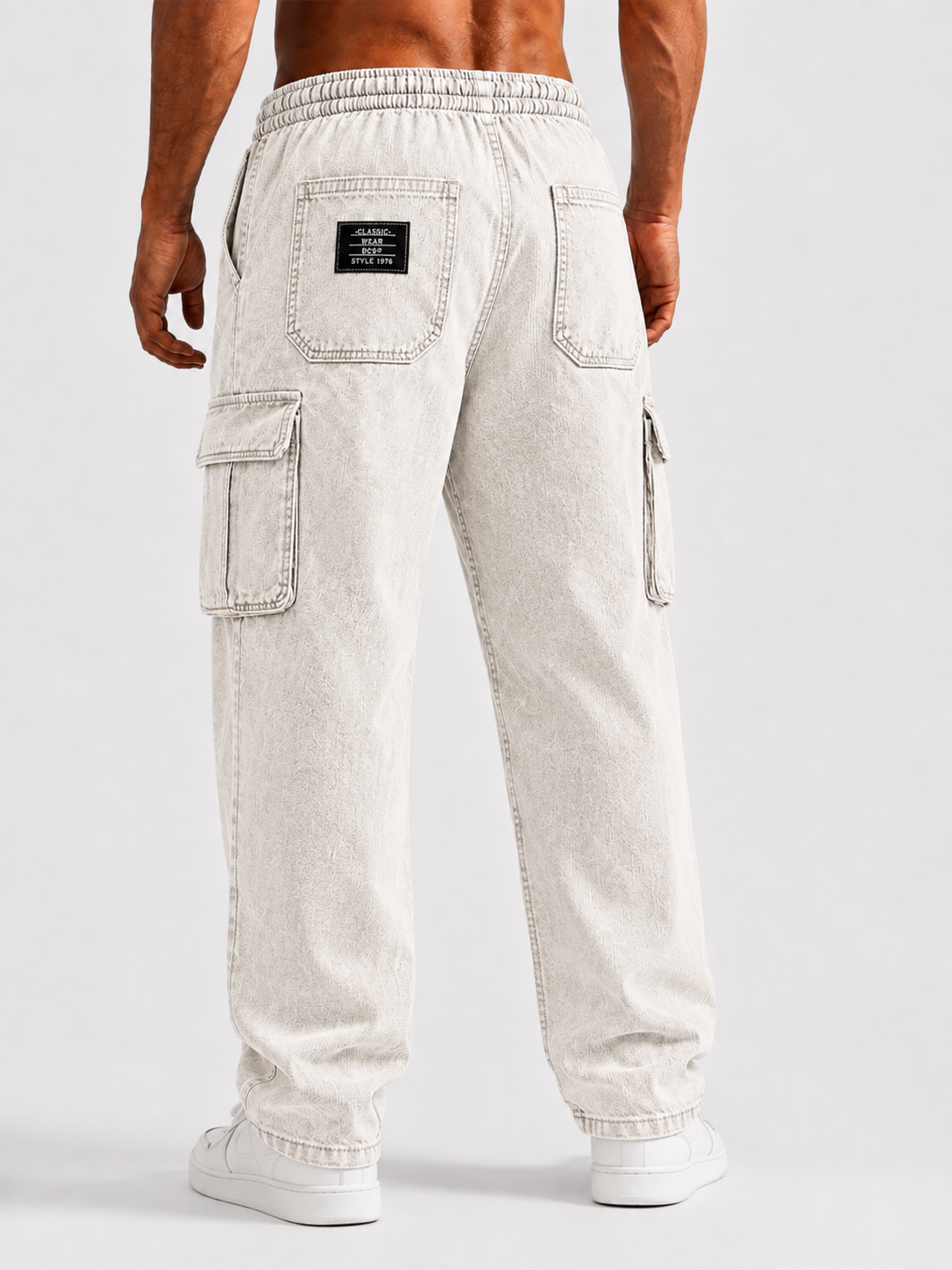 Men’s Vintage Washed Denim Multi-Pocket Drawstring Cargo Pants