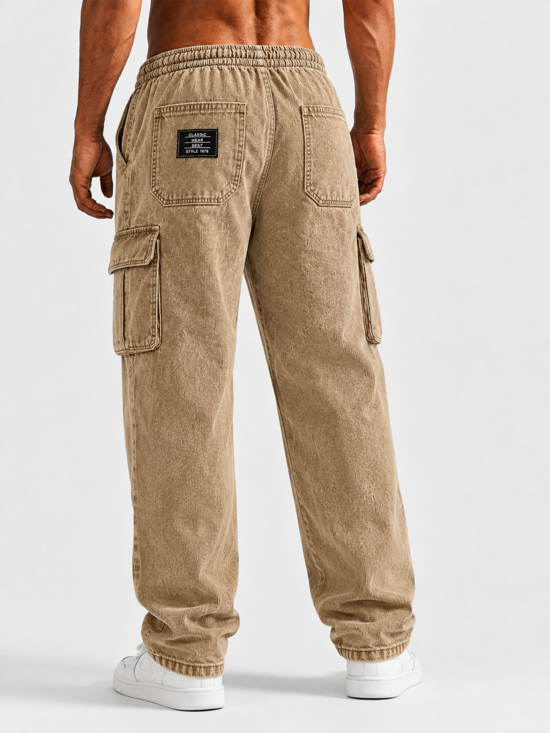 Men’s Vintage Washed Denim Multi-Pocket Drawstring Cargo Pants