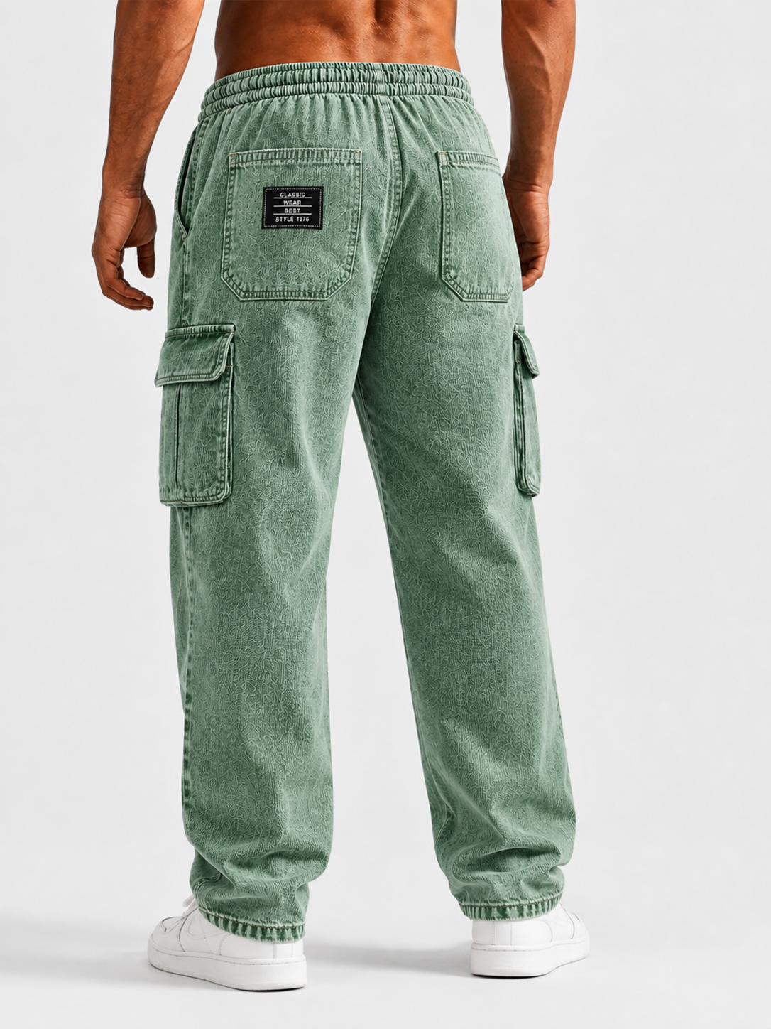 Men’s Vintage Washed Denim Multi-Pocket Drawstring Cargo Pants