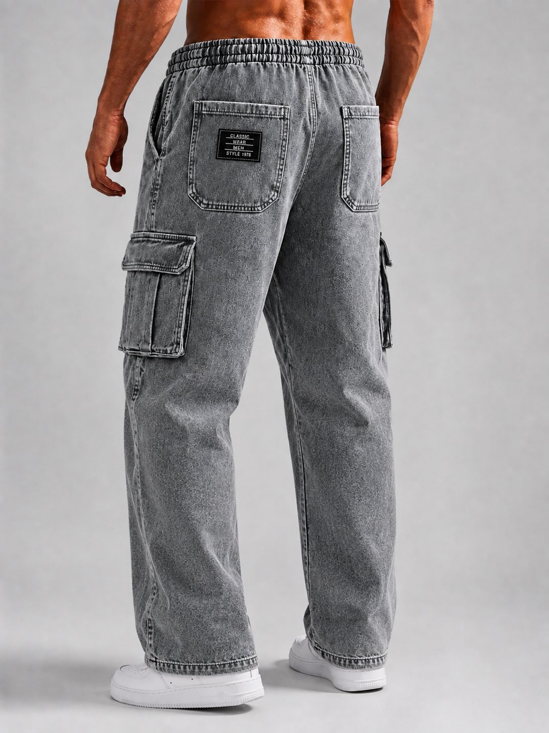Men’s Vintage Washed Denim Multi-Pocket Drawstring Cargo Pants