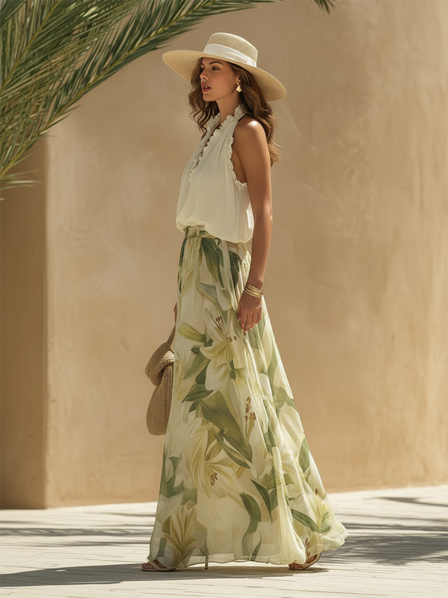 Romantic Vacation Chiffon Ruffled Sleeveless Top And Lily Print Pants Set