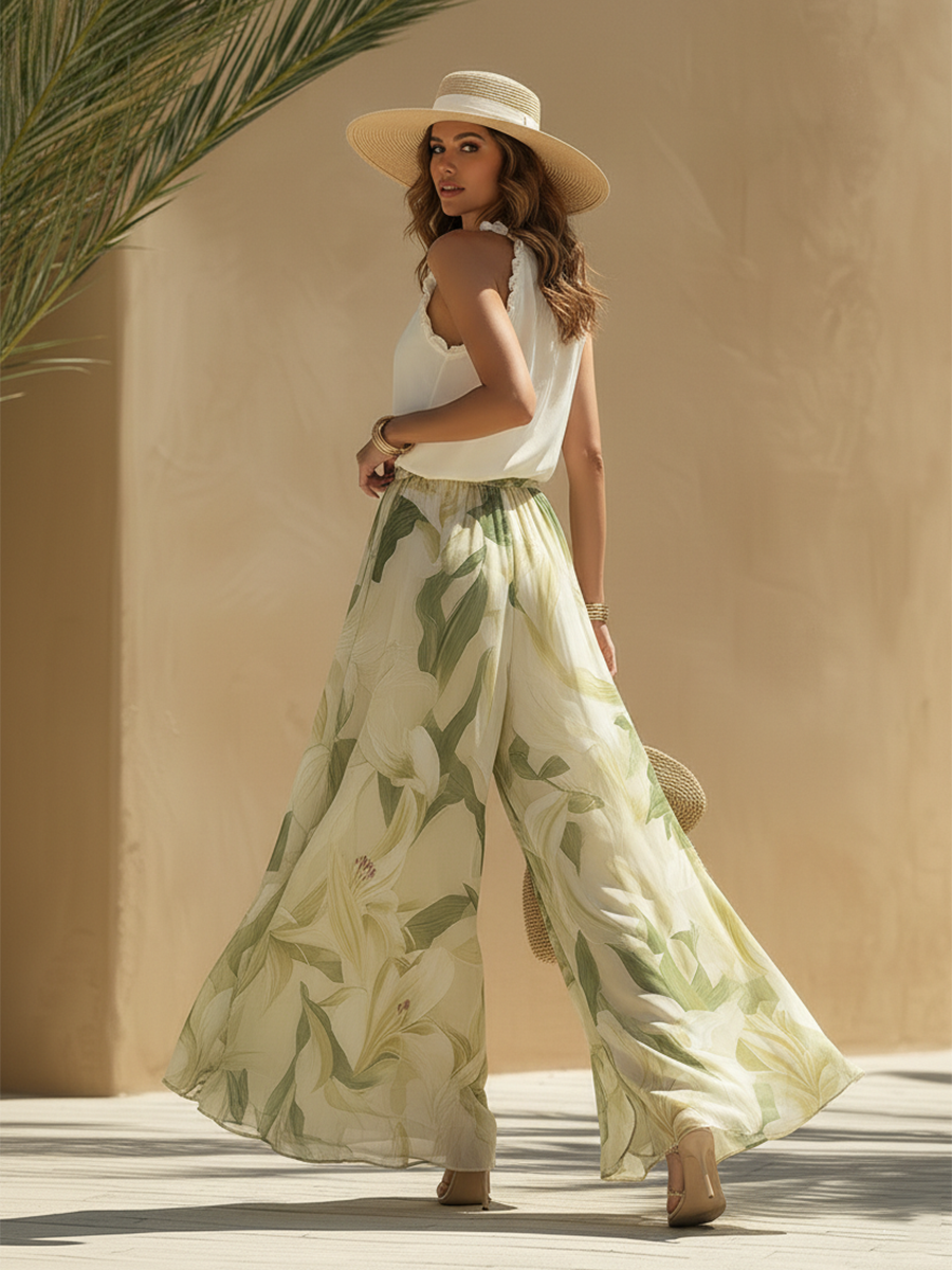Romantic Vacation Chiffon Ruffled Sleeveless Top And Lily Print Pants Set