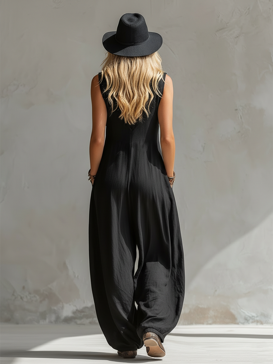 Elegant Urban-style Black Cotton And Linen Sleeveless Jumpsuit