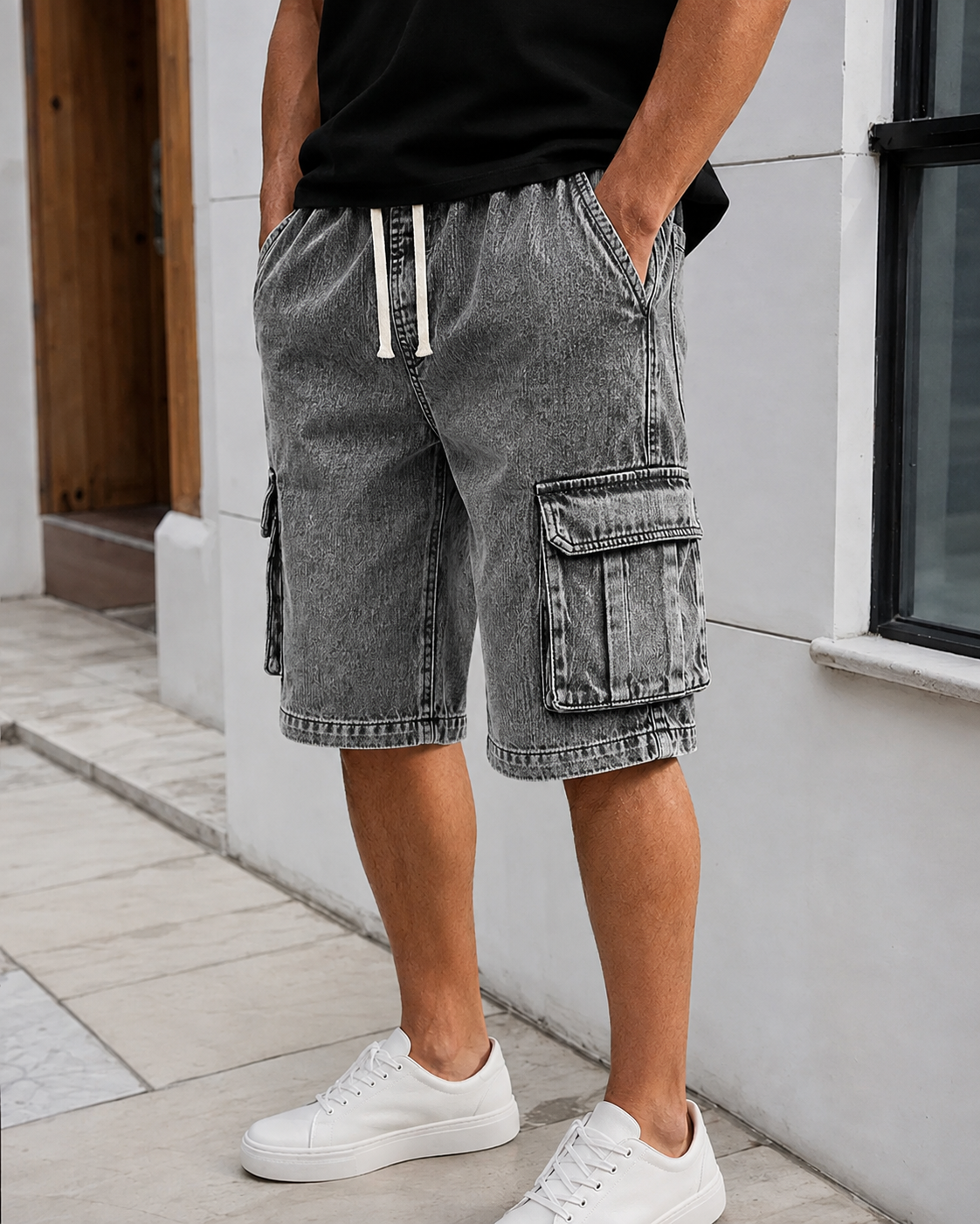 Men's Vintage-Washed Denim Multi-Pocket Multifunctional Shorts