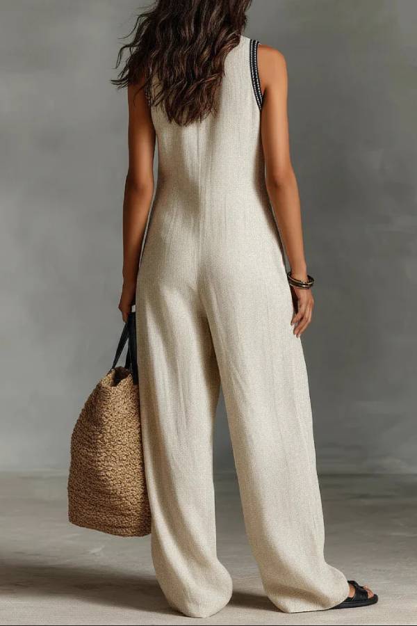 Minimalist stand-up collar zipper sleeveless jumpsuit