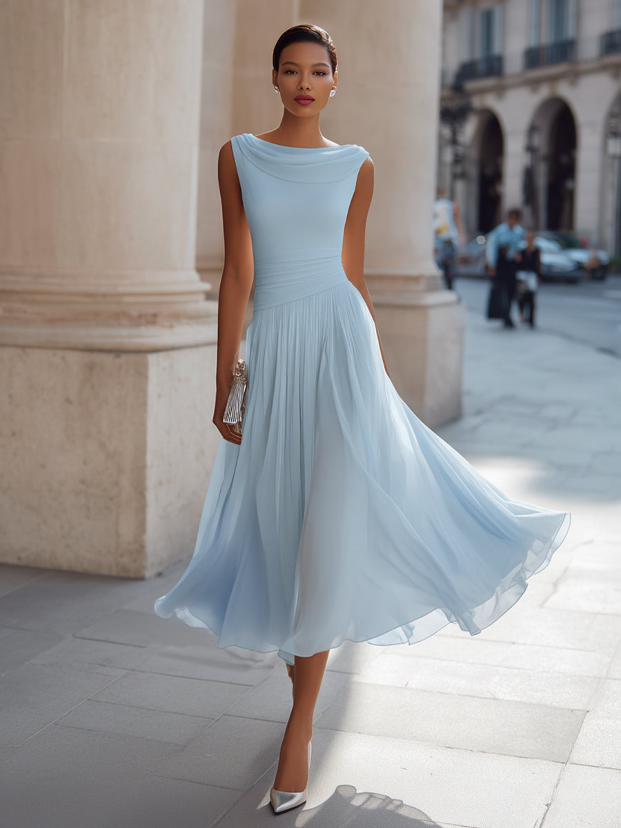 Draped Neck Sleeveless Pleated Midi Dress