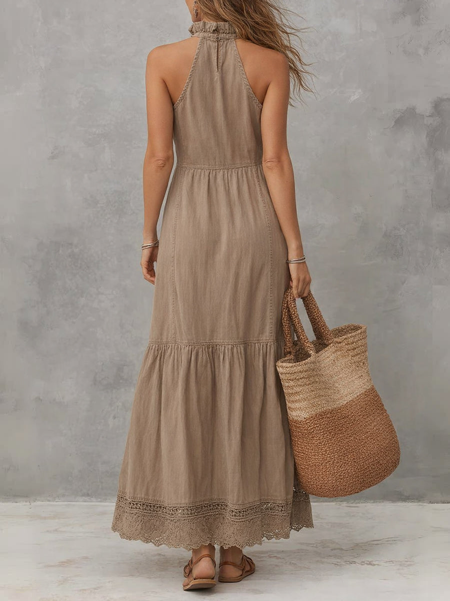 Casual Sleeveless Cotton Maxi Dress With Lace Trim At The Hem