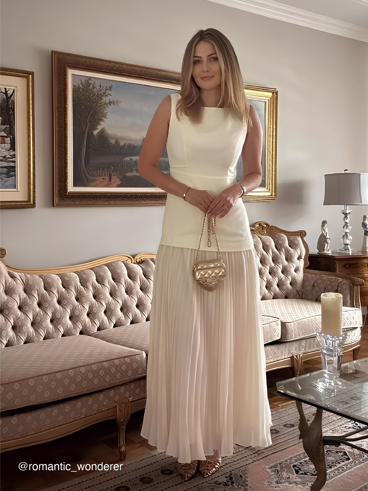 Off White Pleated Classic Boat Neck Sleeveless A-Line Floor-length Gown Dress