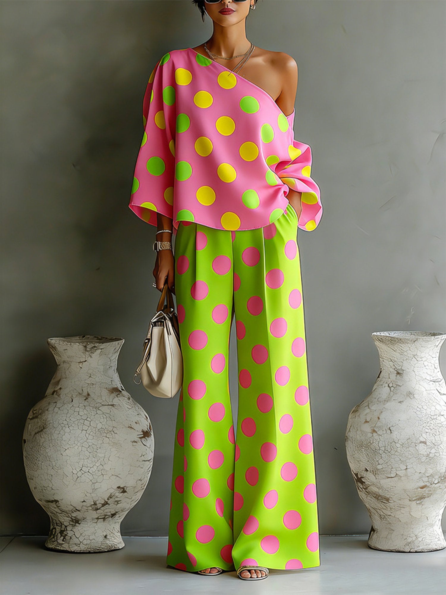 Women's Colorful Polka-Dot Off-Shoulder Flowy Two-Piece Set