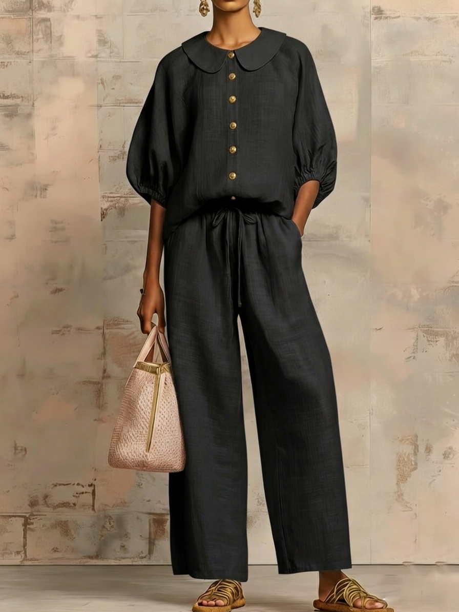 Stylish Peter Pan Collar Shirt And Wide-leg Pant Linen Two-piece Set