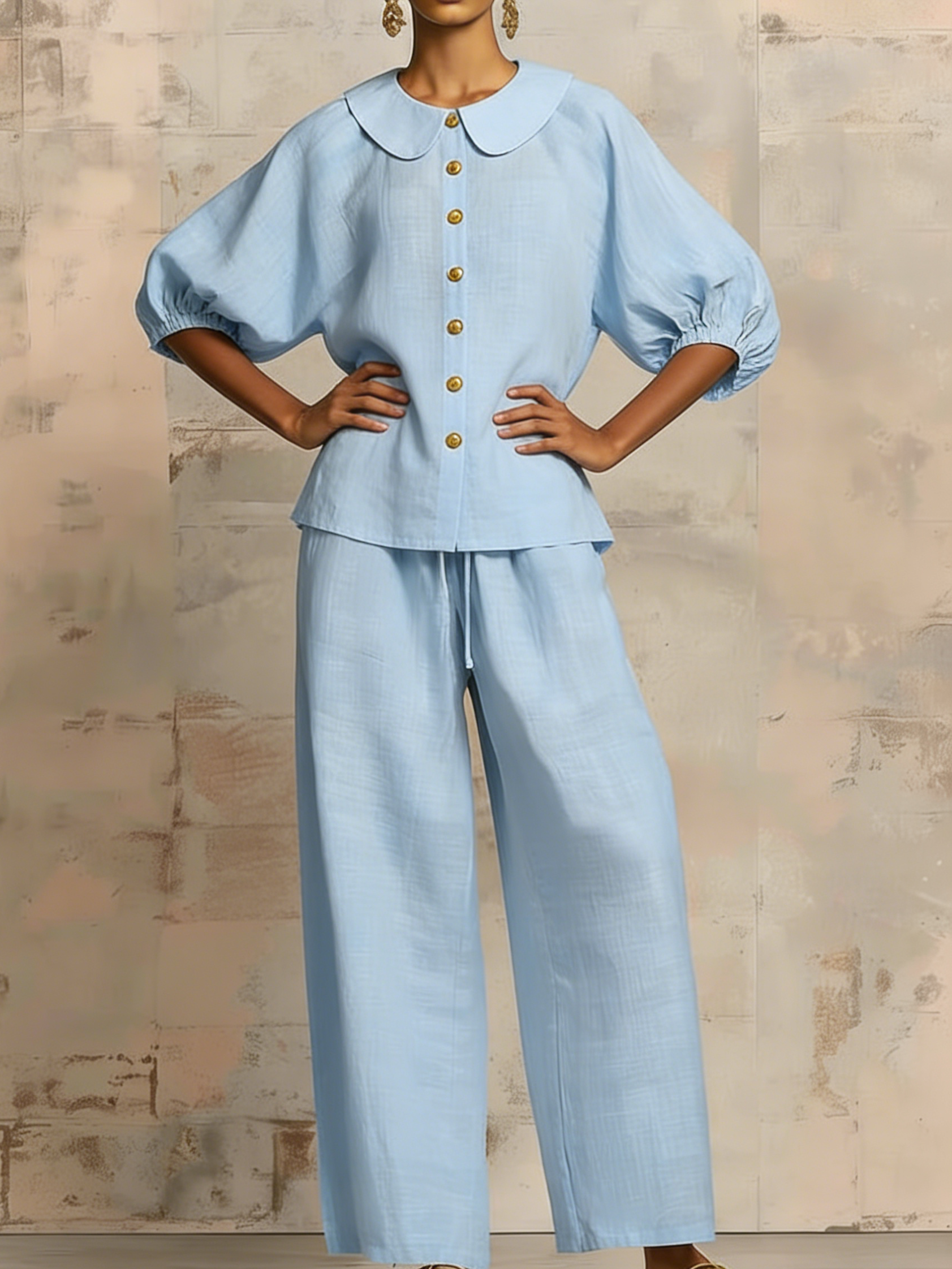 Stylish Peter Pan Collar Shirt And Wide-leg Pant Linen Two-piece Set