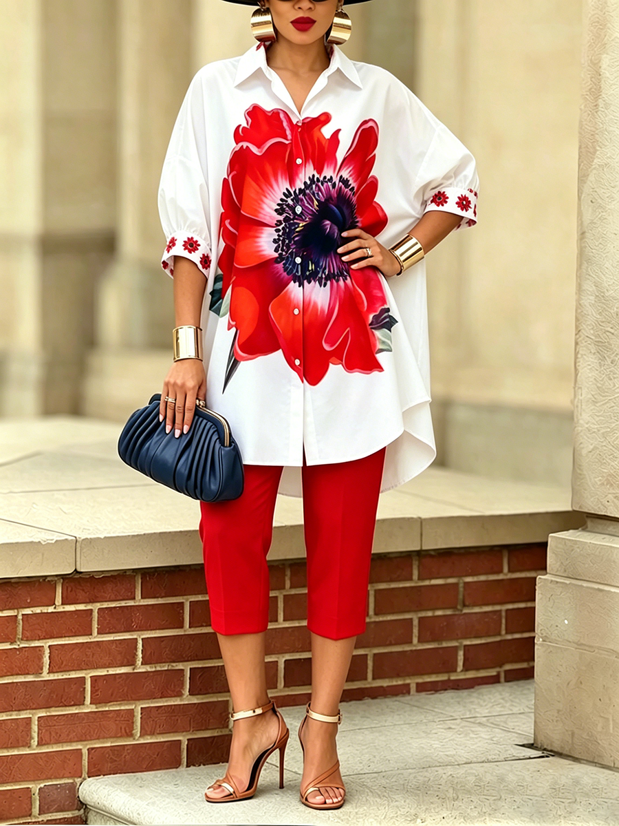 🎁Mother’s Day Sale 49% OFF-Artistic Stylish Scarlet Bloom Shirt And Pants Two-piece Set