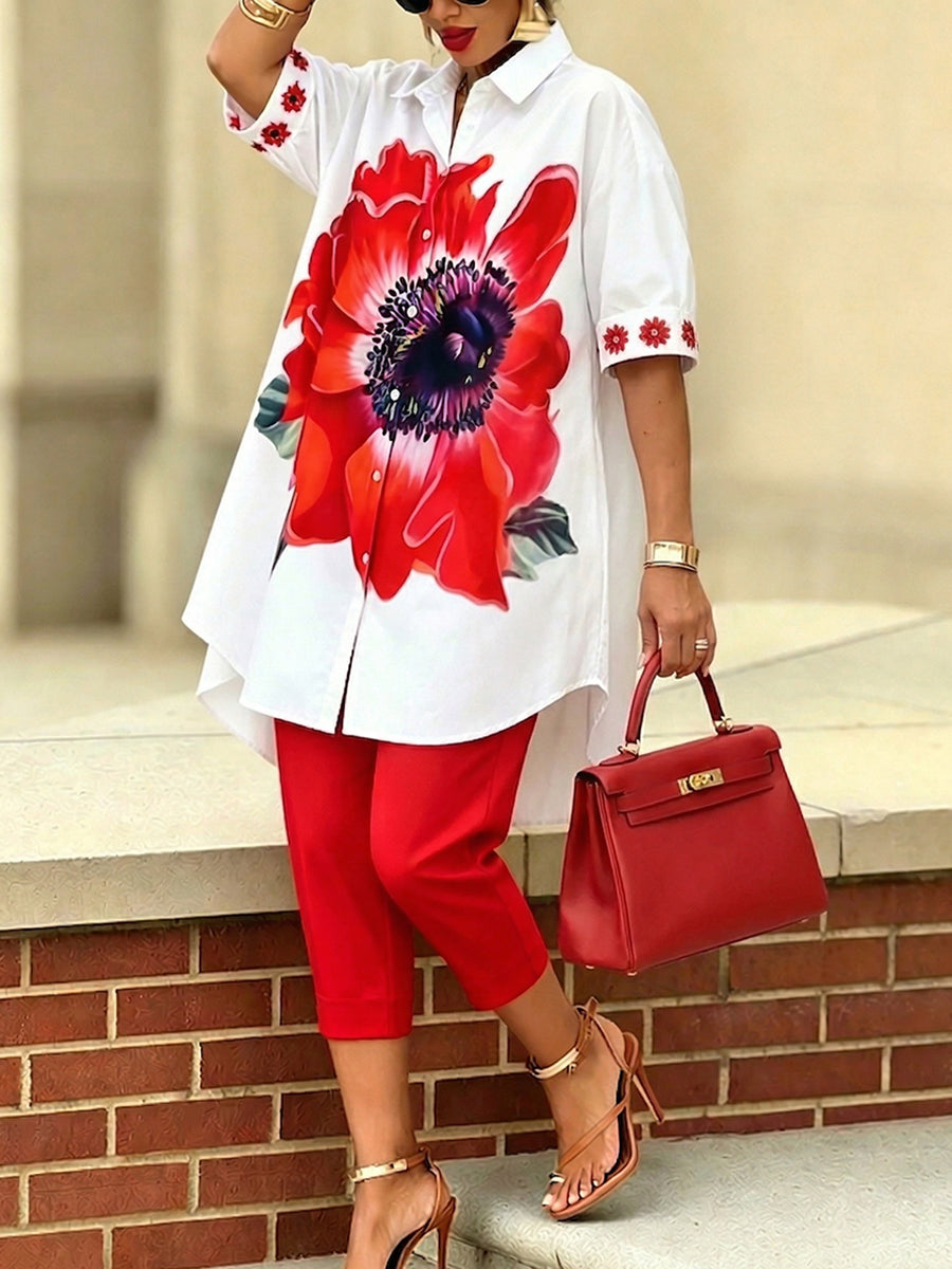 🎁Mother’s Day Sale 49% OFF-Artistic Stylish Scarlet Bloom Shirt And Pants Two-piece Set