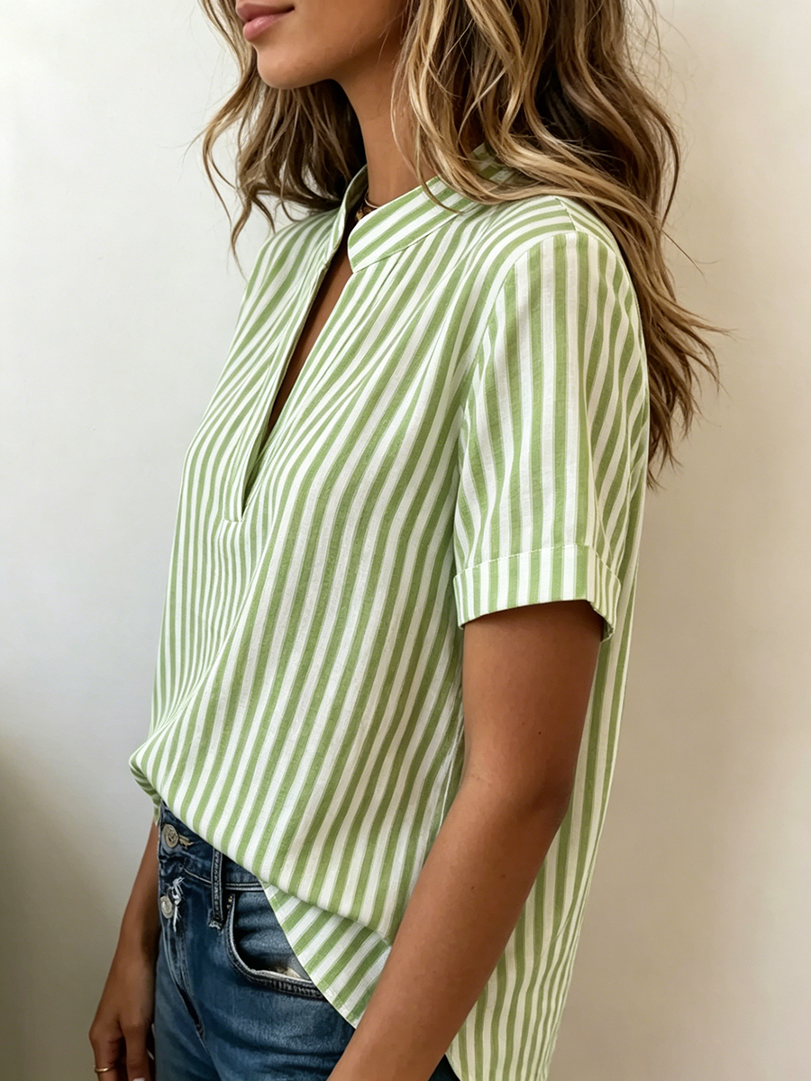 🎁Mother’s Day Sale 49% OFF-Casual Striped V-neck Cotton-linen Blouse