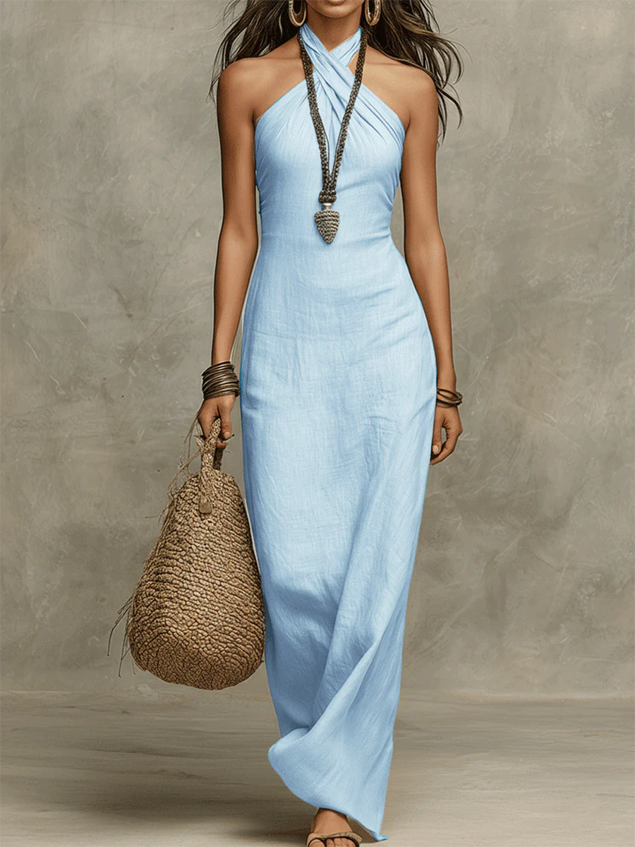 Stylish & Sexy Halter-neck Cotton-linen Maxi Dress