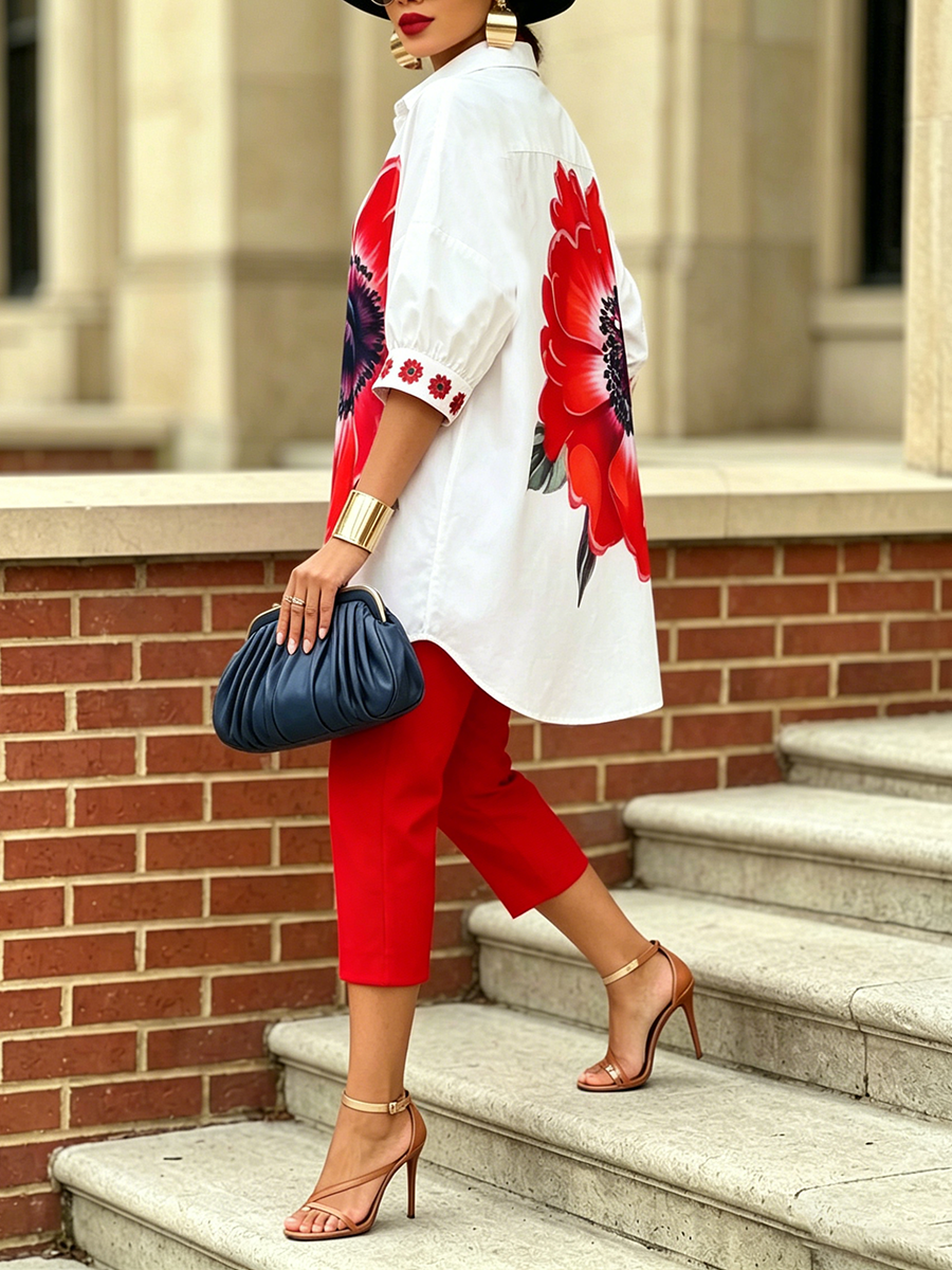🎁Mother’s Day Sale 49% OFF-Artistic Stylish Scarlet Bloom Shirt And Pants Two-piece Set