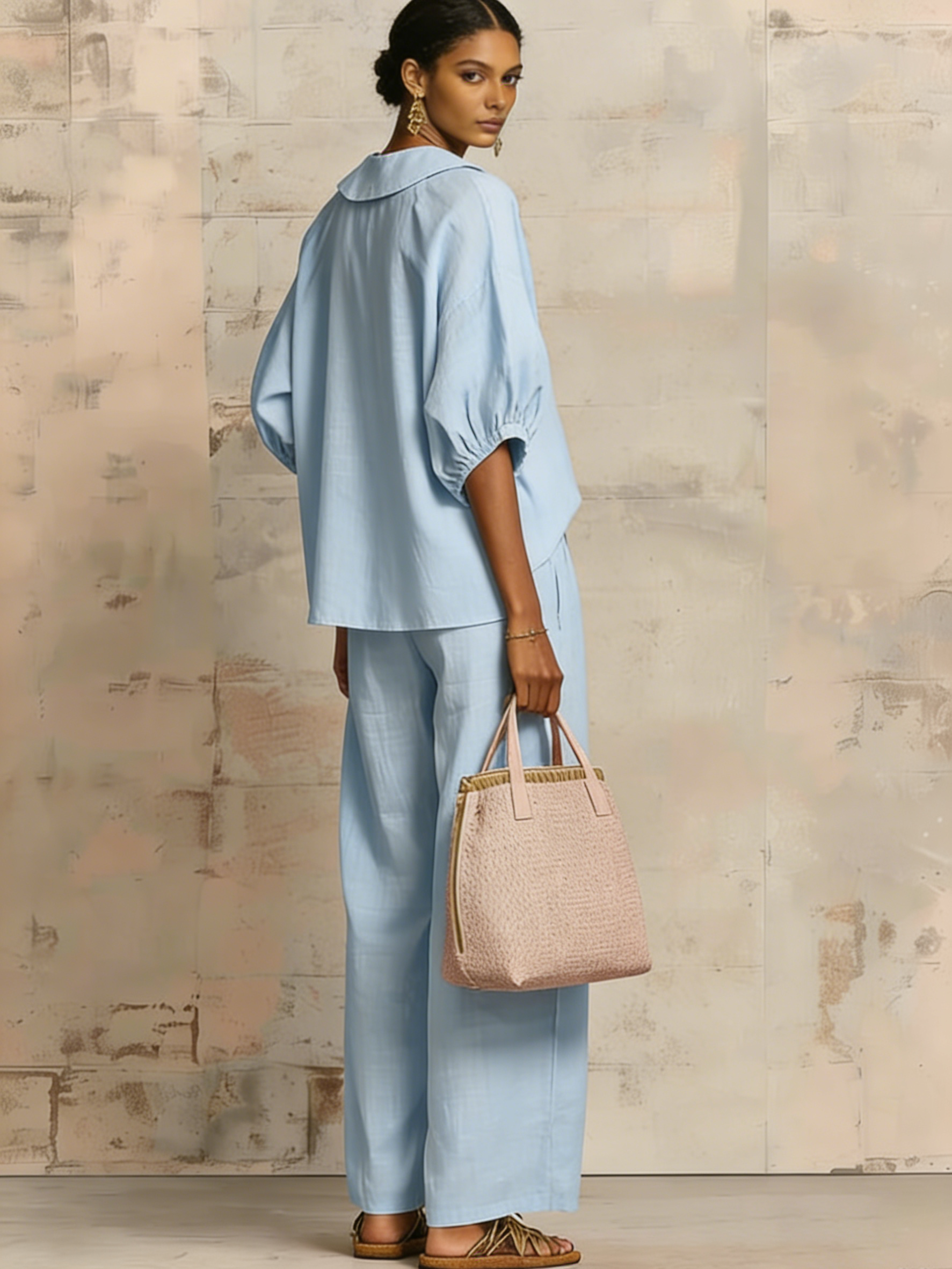 Stylish Peter Pan Collar Shirt And Wide-leg Pant Linen Two-piece Set