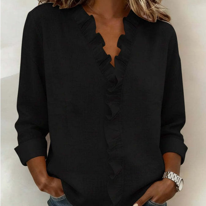 Soft Ruffle V-Neck Long Sleeve Blouse