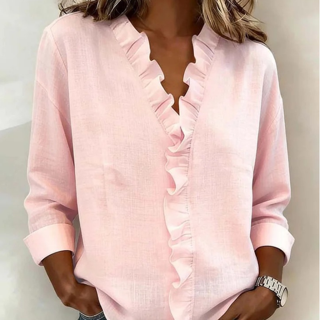 Soft Ruffle V-Neck Long Sleeve Blouse