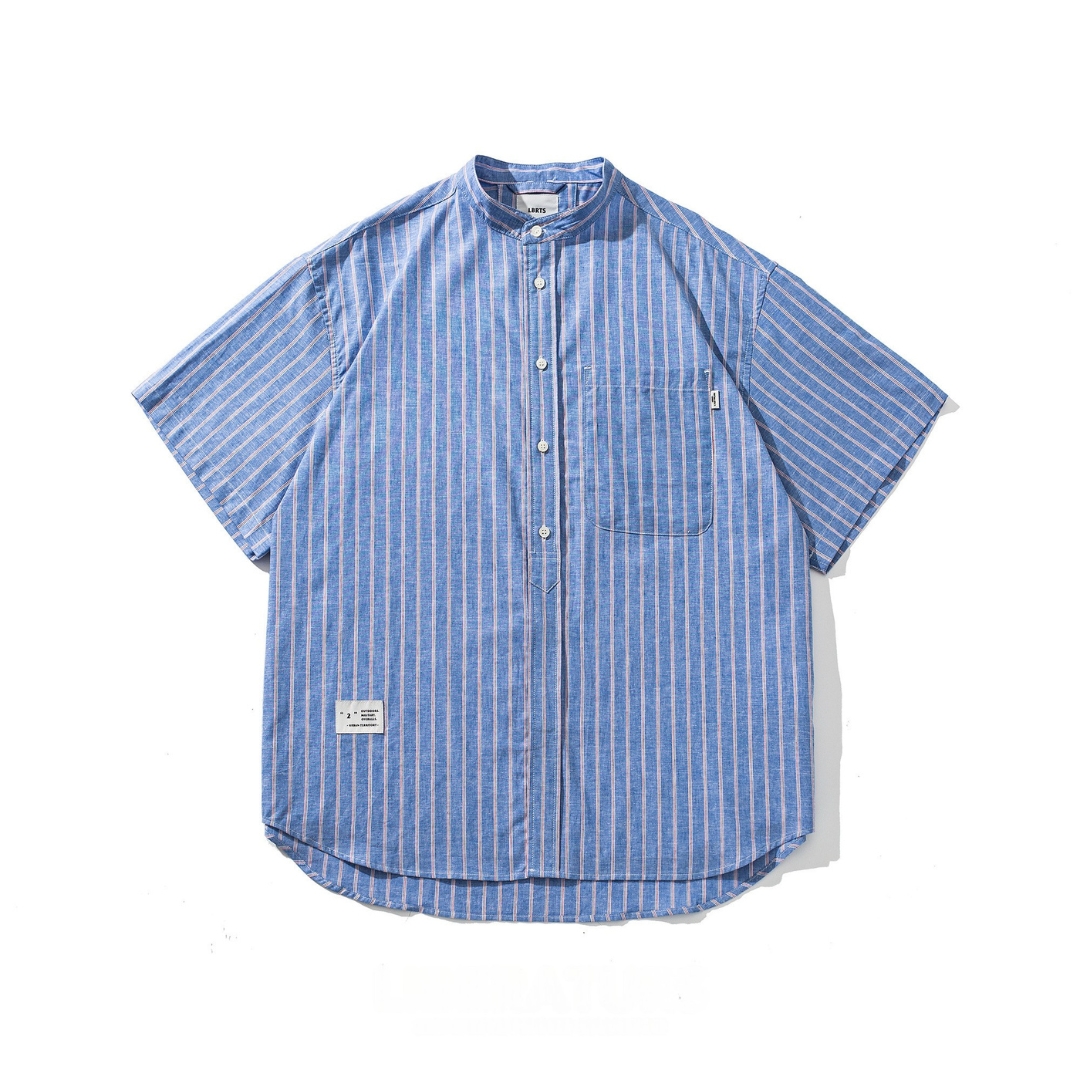 Men's Cotton-Linen Striped Stand Collar Short Sleeve Shirt - Relaxed Fit
