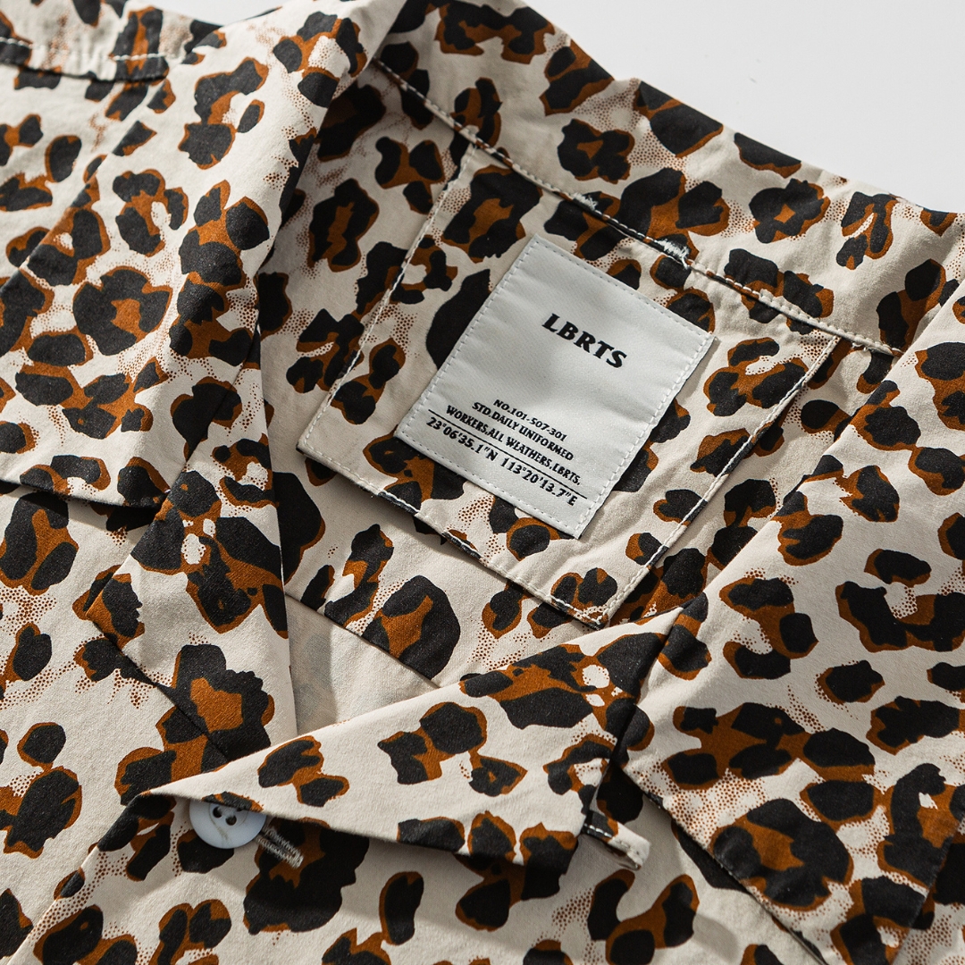 Men's Cuban Collar Leopard Print Short Sleeve Shirt 