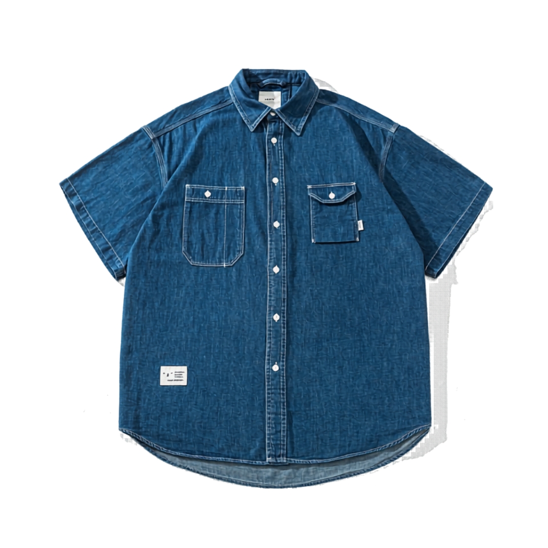 Men's Denim Blue Cargo Short Sleeve Shirt - Relaxed Fit Cotton