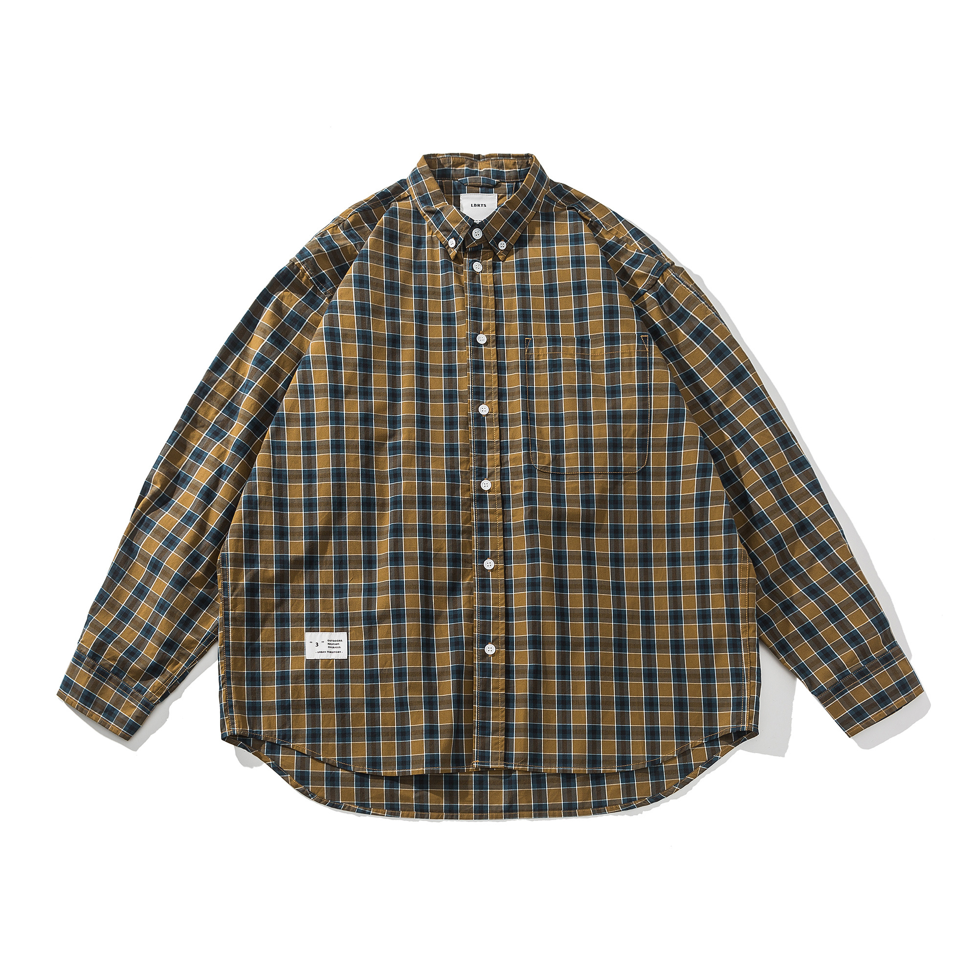 Men's Khaki Plaid Work Shirt - Casual Long Sleeve Button Up-Liberaturs