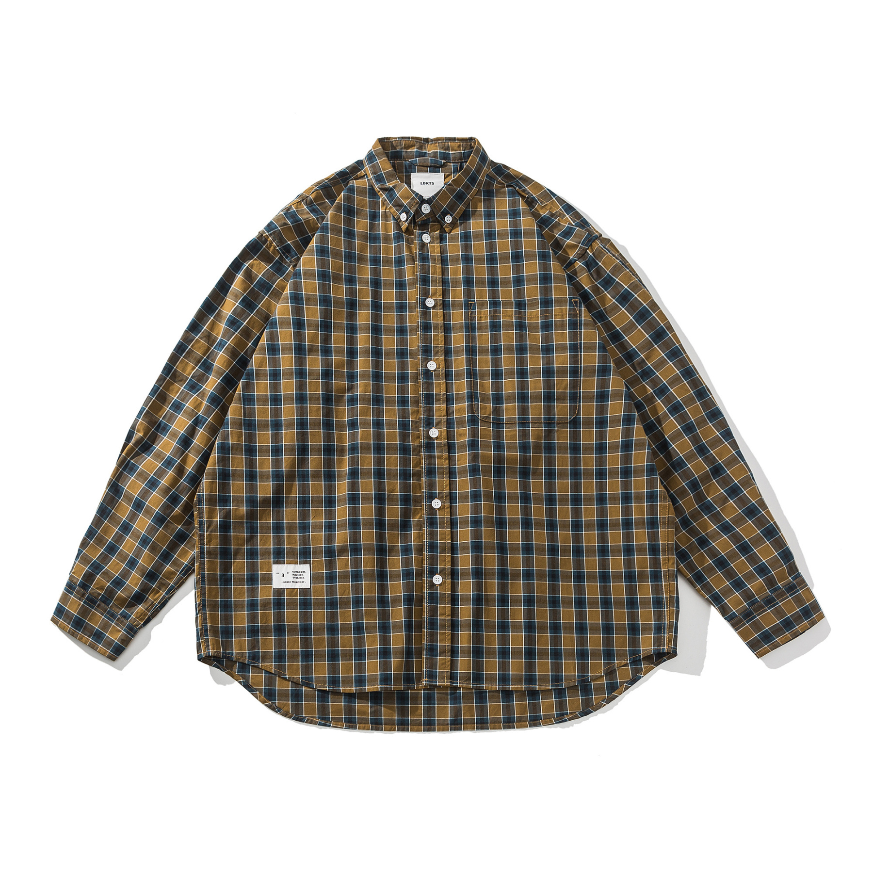 Men's Khaki Plaid Work Shirt - Casual Long Sleeve Button Up