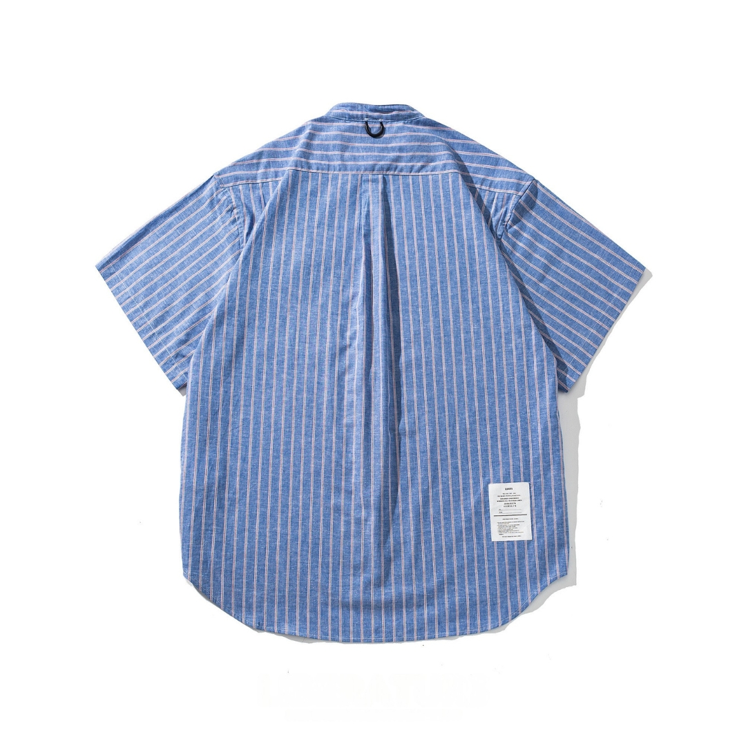 Men's Cotton-Linen Striped Stand Collar Short Sleeve Shirt - Relaxed Fit