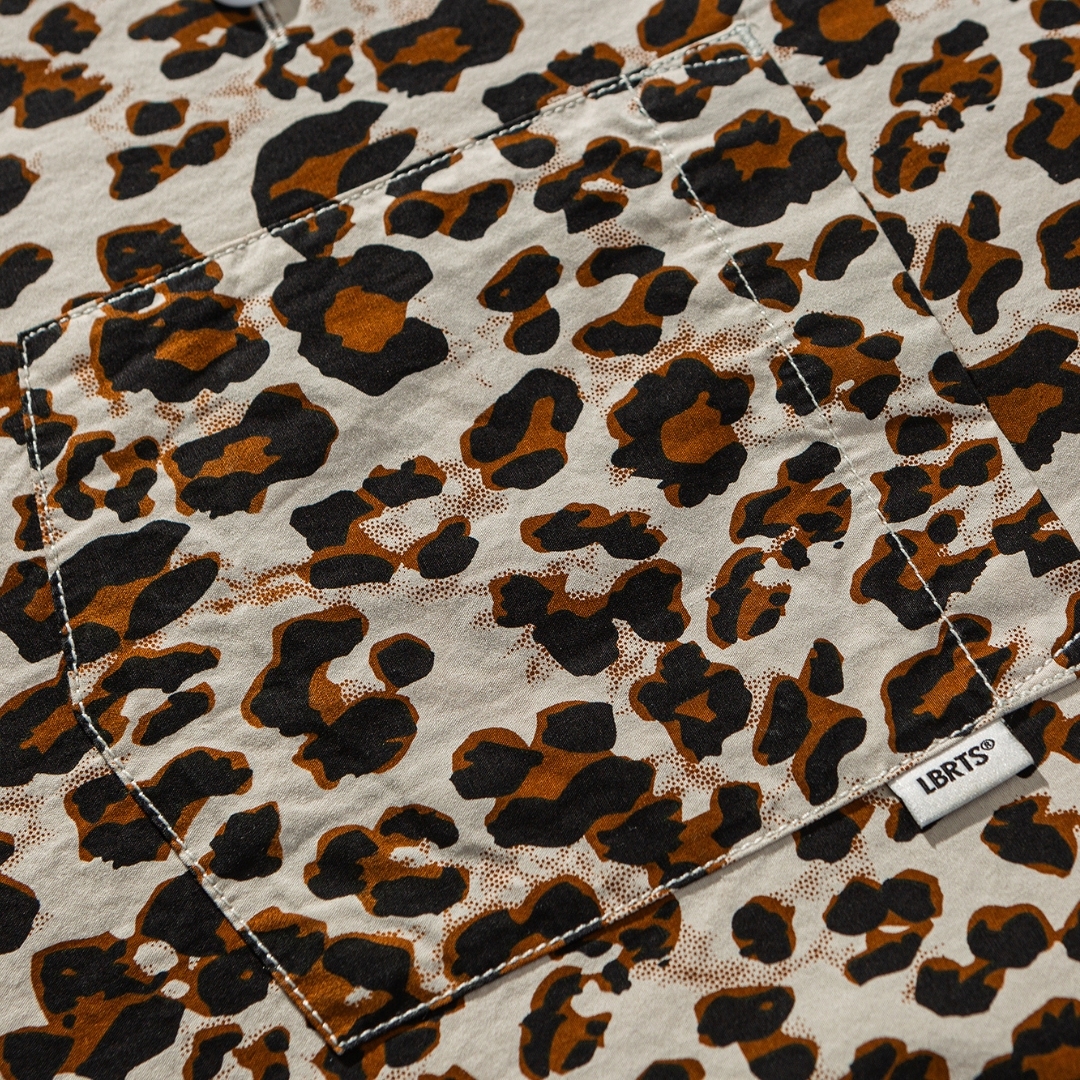 Men's Cuban Collar Leopard Print Short Sleeve Shirt 