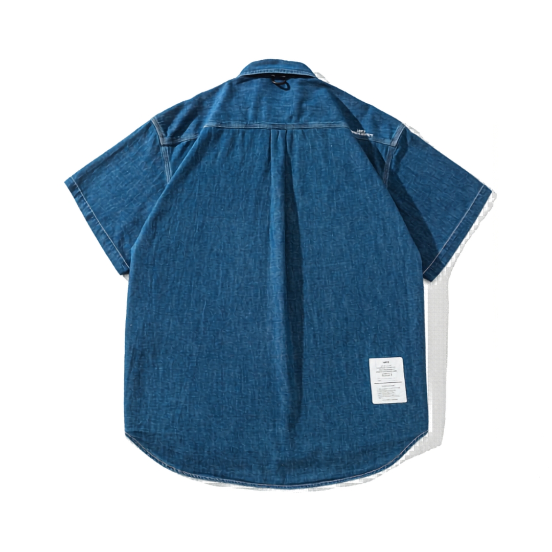 Men's Denim Blue Cargo Short Sleeve Shirt - Relaxed Fit Cotton