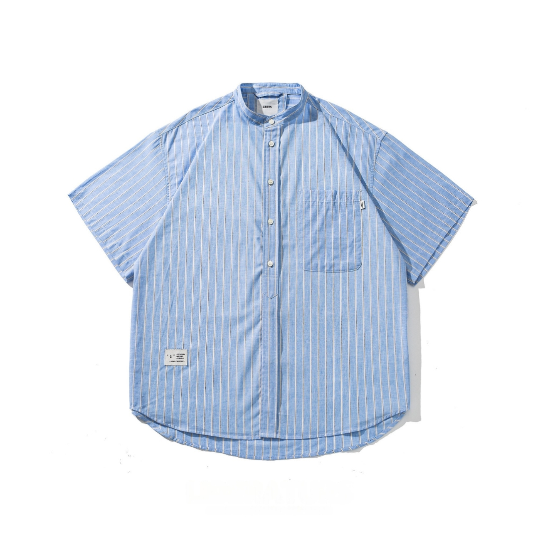 Men's Cotton-Linen Striped Stand Collar Short Sleeve Shirt - Relaxed Fit