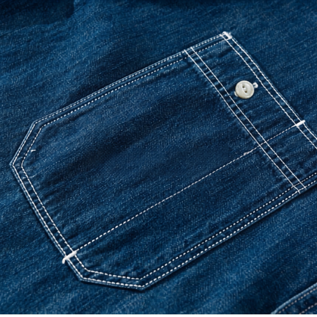 Men's Denim Blue Cargo Short Sleeve Shirt - Relaxed Fit Cotton