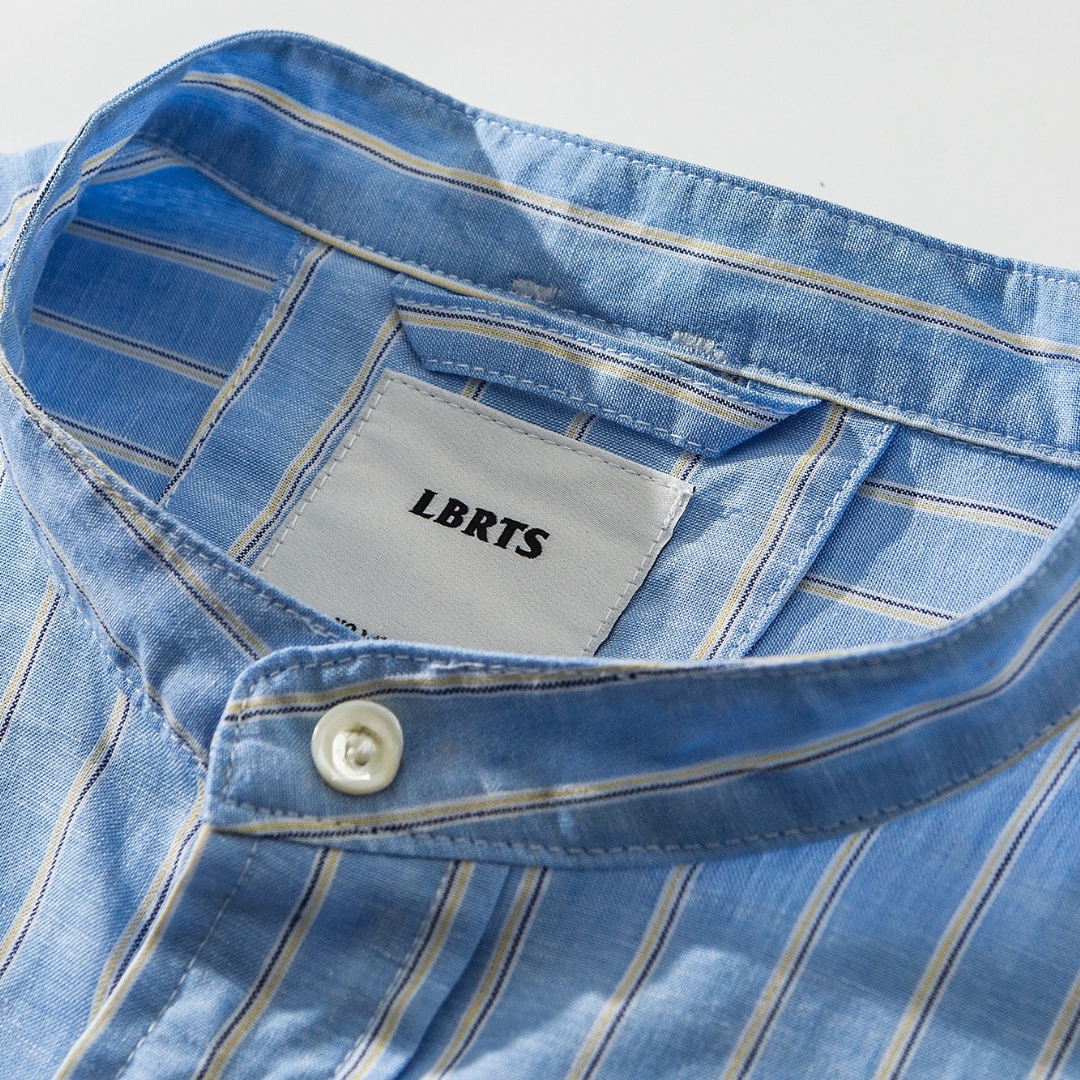 Men's Cotton-Linen Striped Stand Collar Short Sleeve Shirt - Relaxed Fit