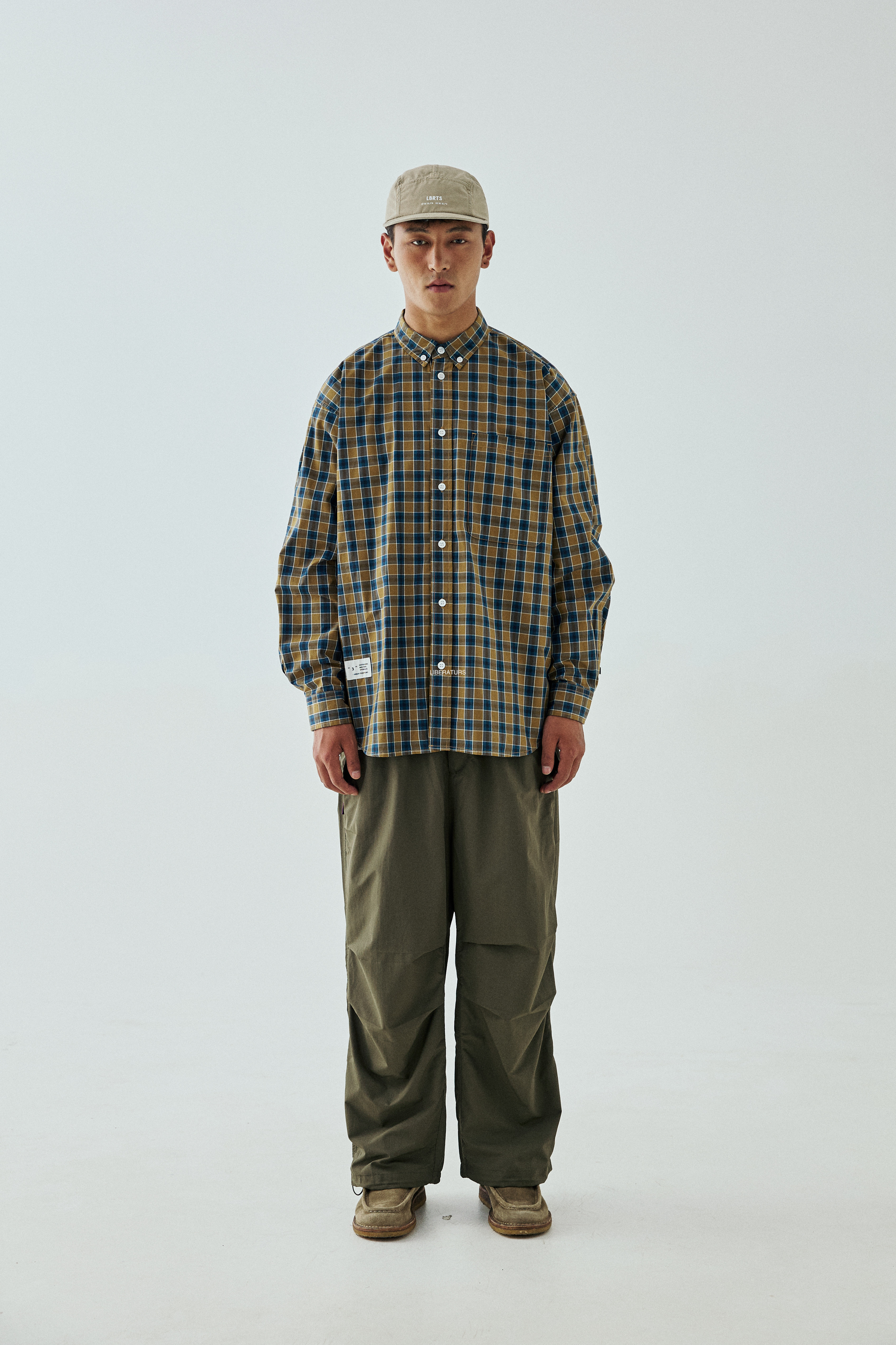 Men's Khaki Plaid Work Shirt - Casual Long Sleeve Button Up-Liberaturs