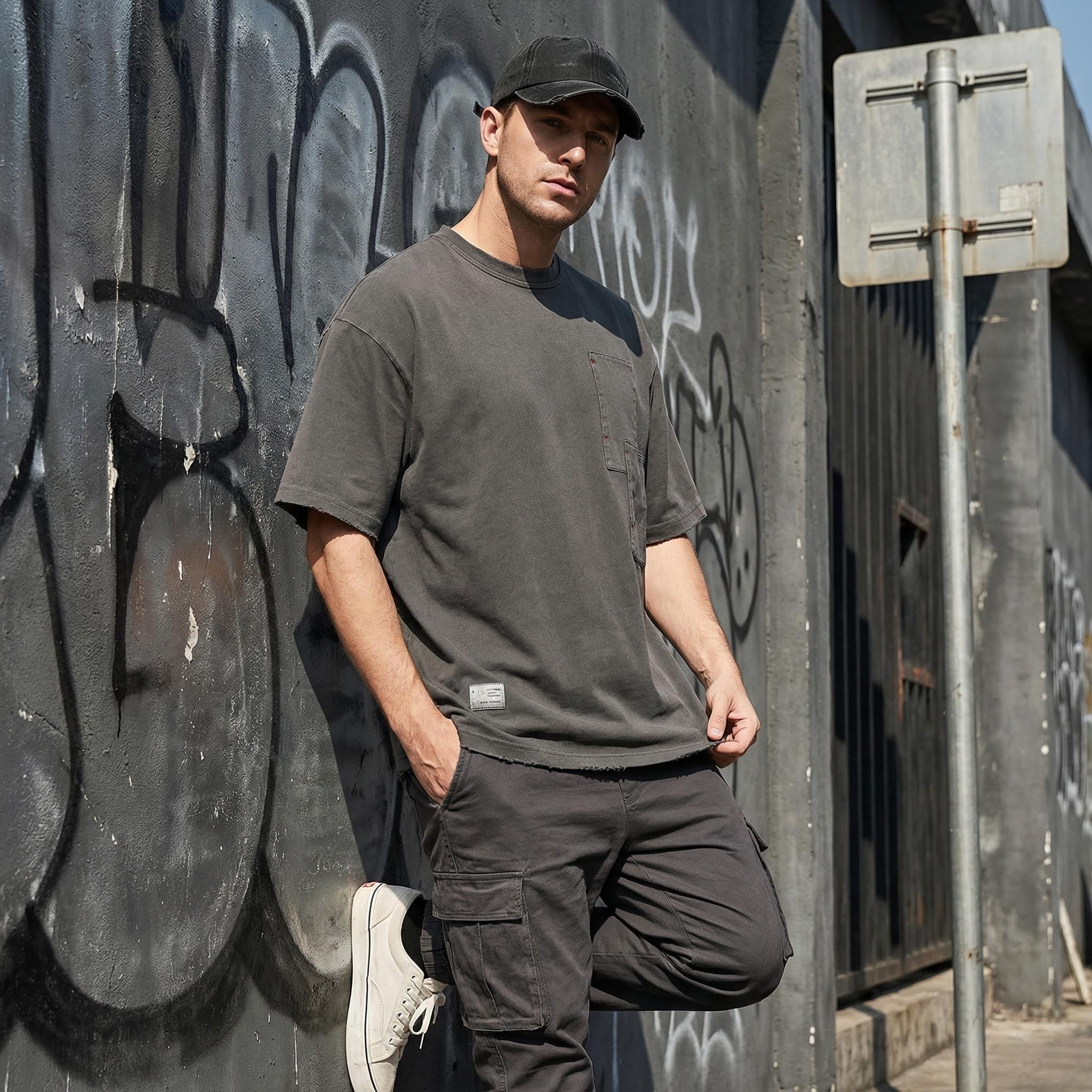 Men's Garment Dyed Vintage Distressed T-shirt - Heavyweight Cotton Graphic Tee