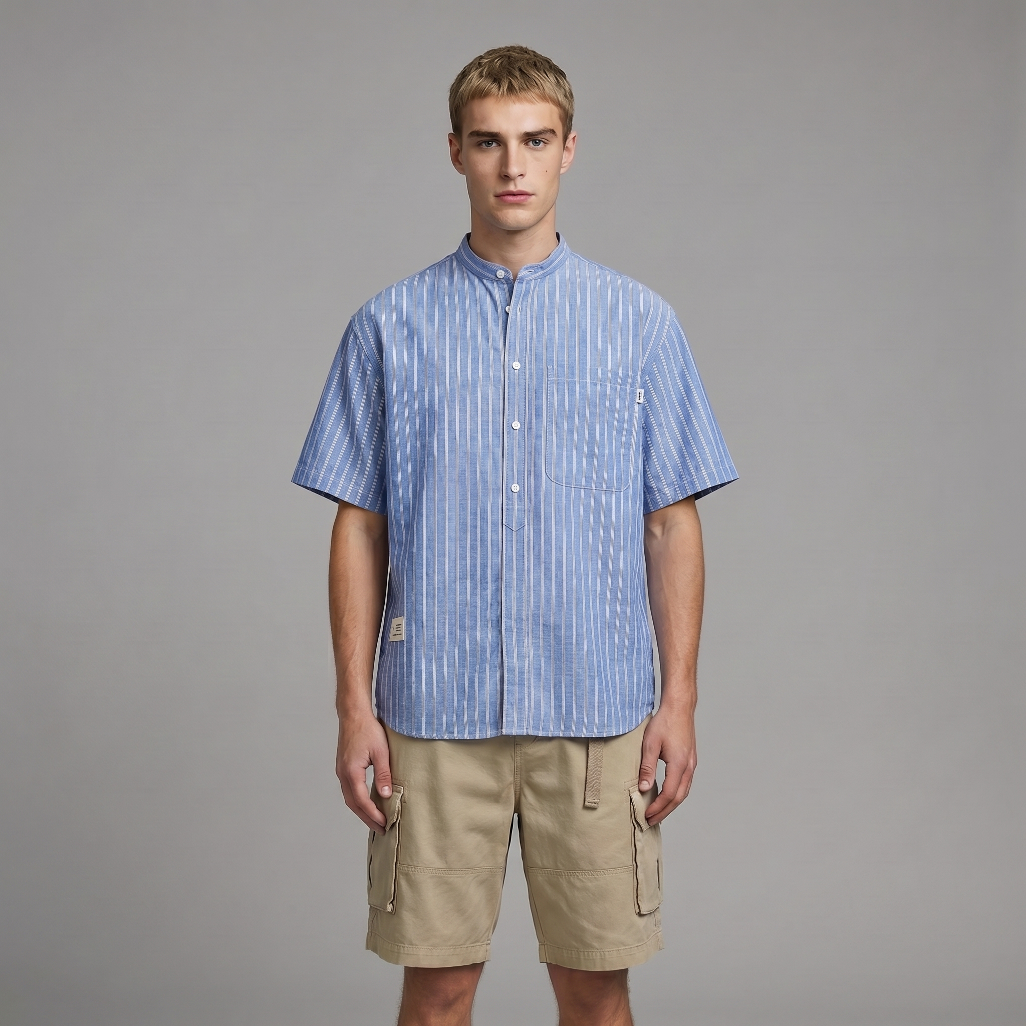 Men's Cotton-Linen Striped Stand Collar Short Sleeve Shirt - Relaxed Fit
