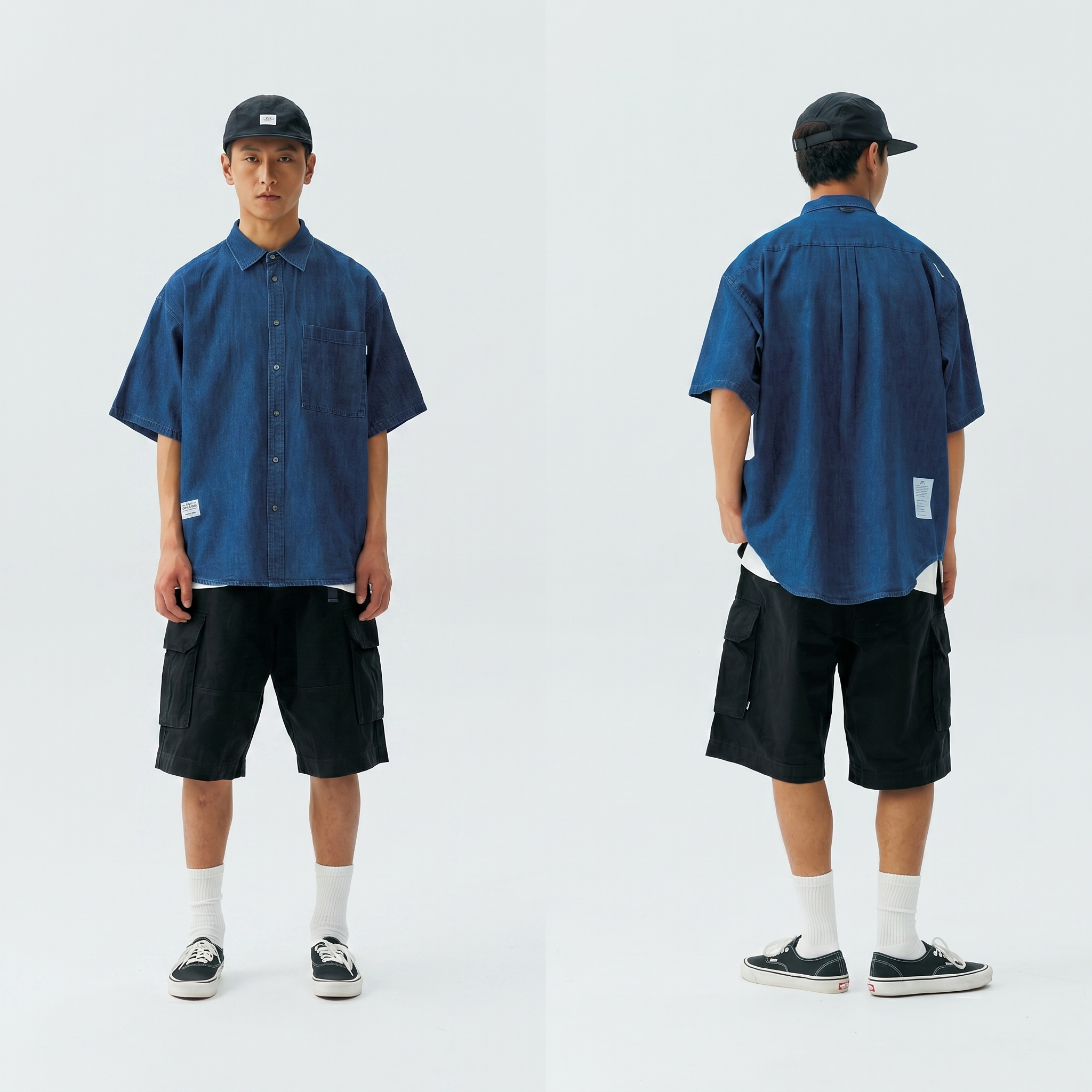 Men's Denim Blue Cargo Short Sleeve Shirt - Relaxed Fit Cotton