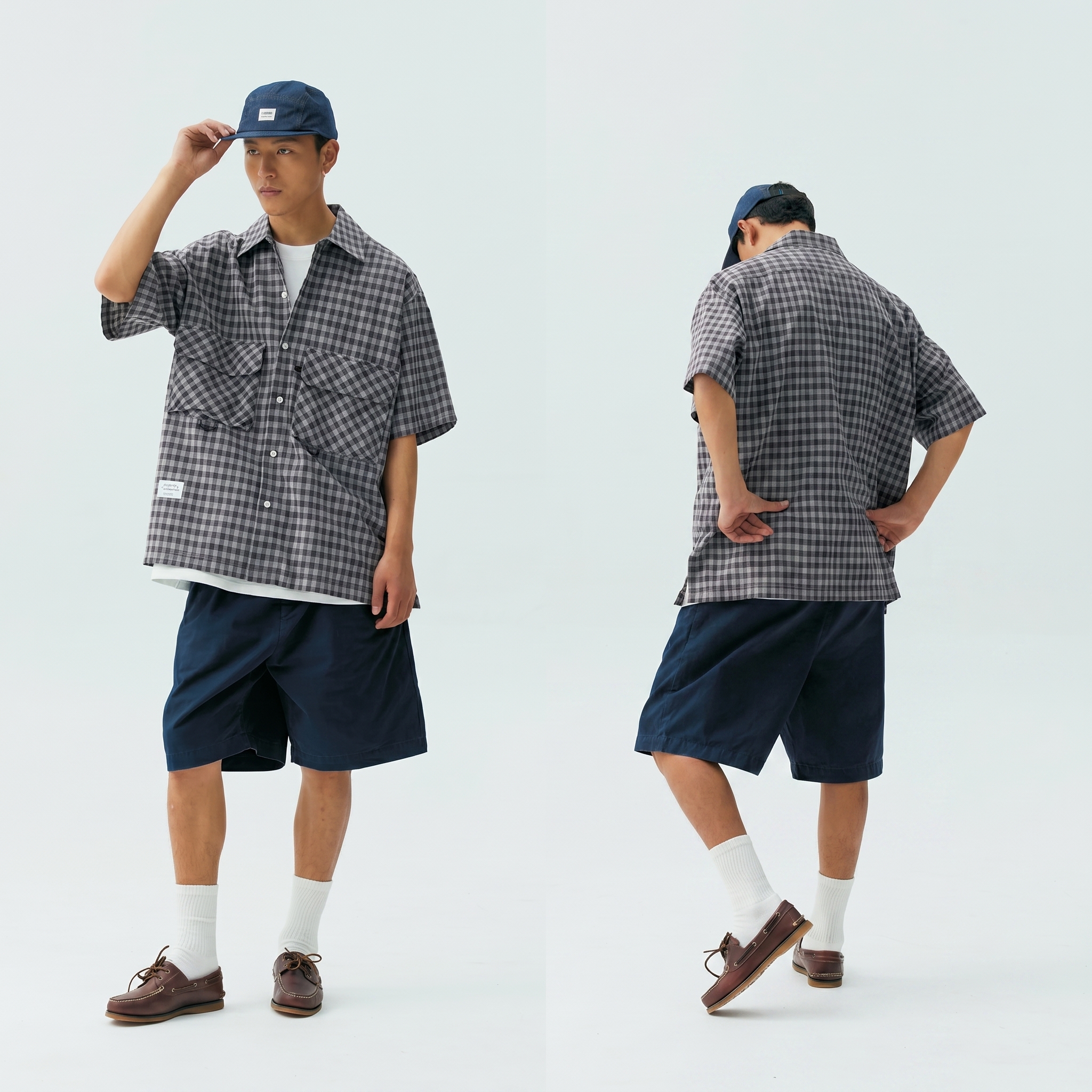 Men's Cuban Collar Pleated Pocket Plaid Short Sleeve Shirt - Cotton Linen & Shell Buttons