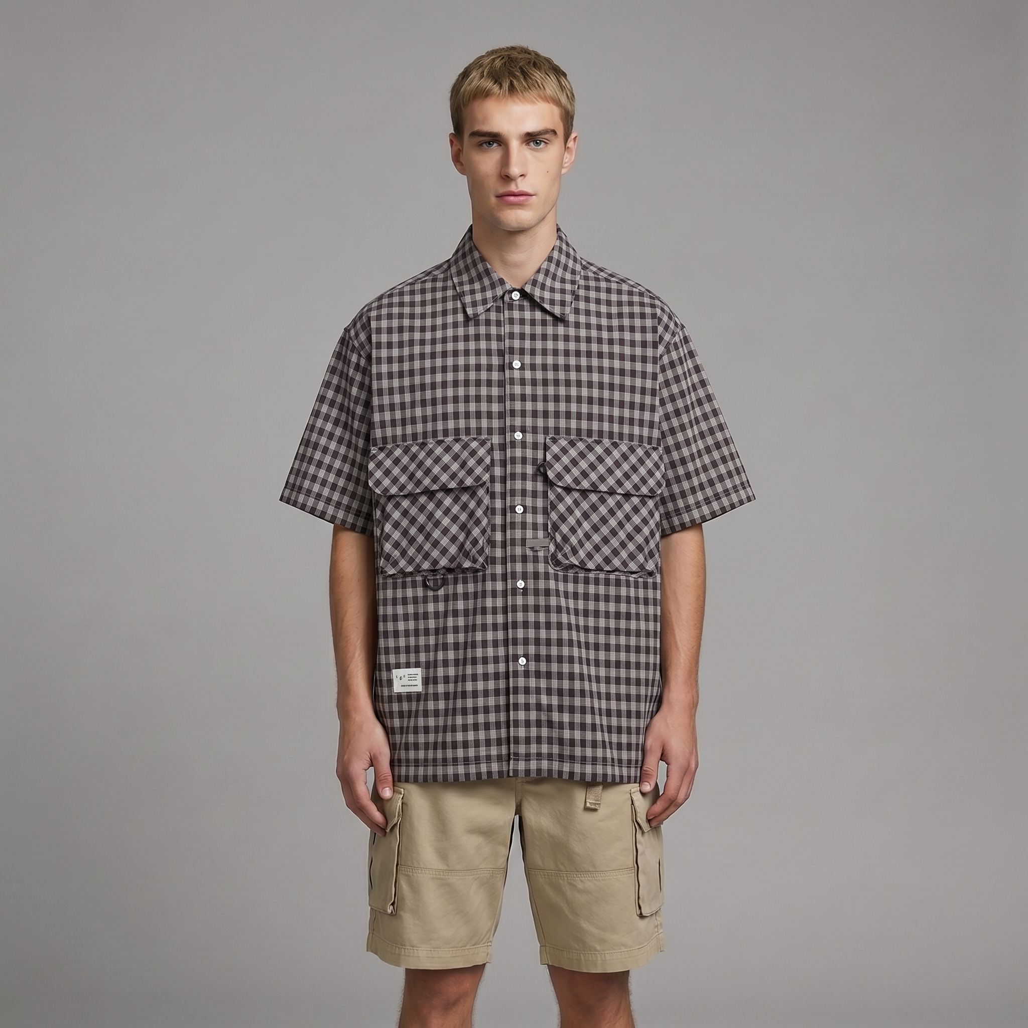 Men's Cuban Collar Pleated Pocket Plaid Short Sleeve Shirt - Cotton Linen & Shell Buttons