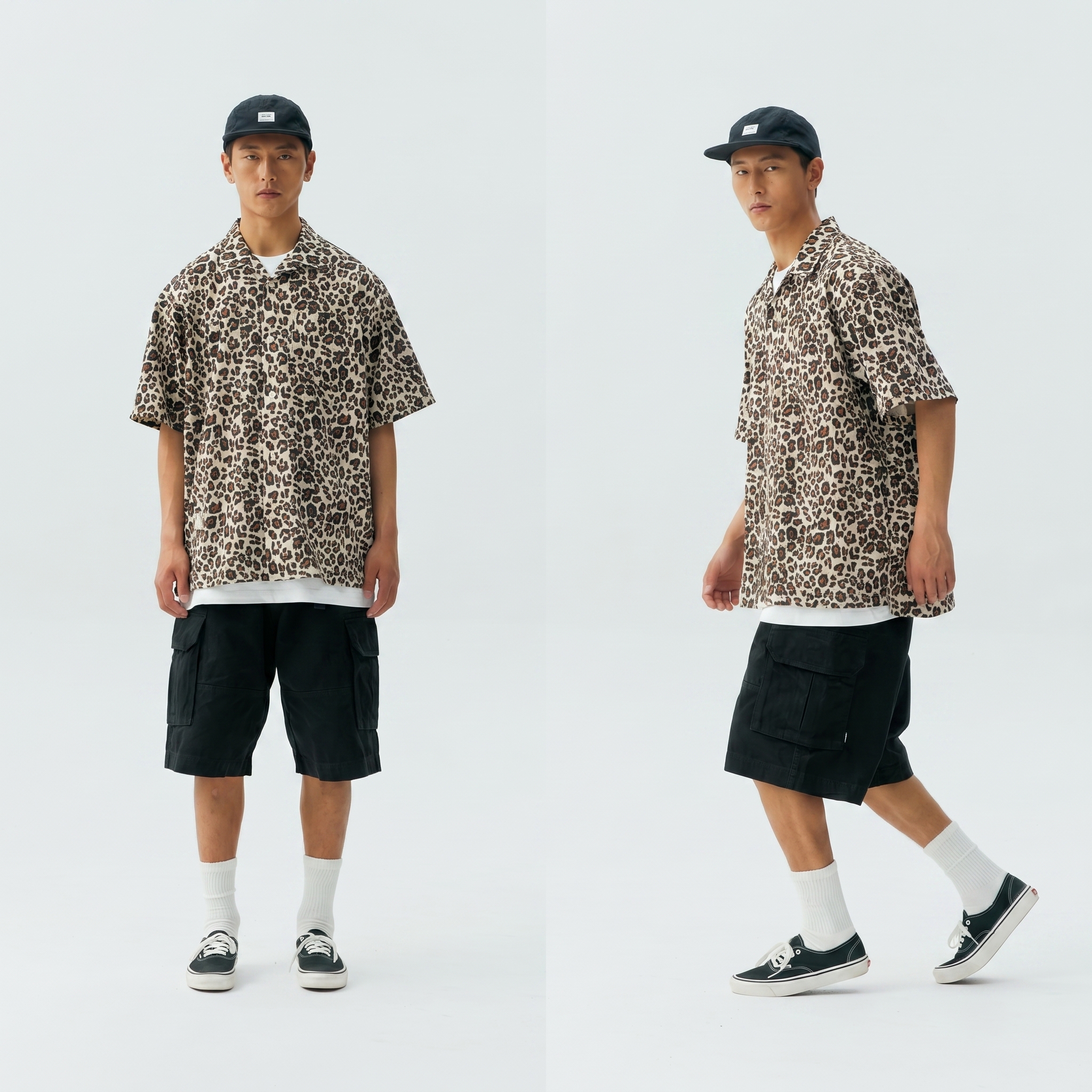 Men's Cuban Collar Leopard Print Short Sleeve Shirt 